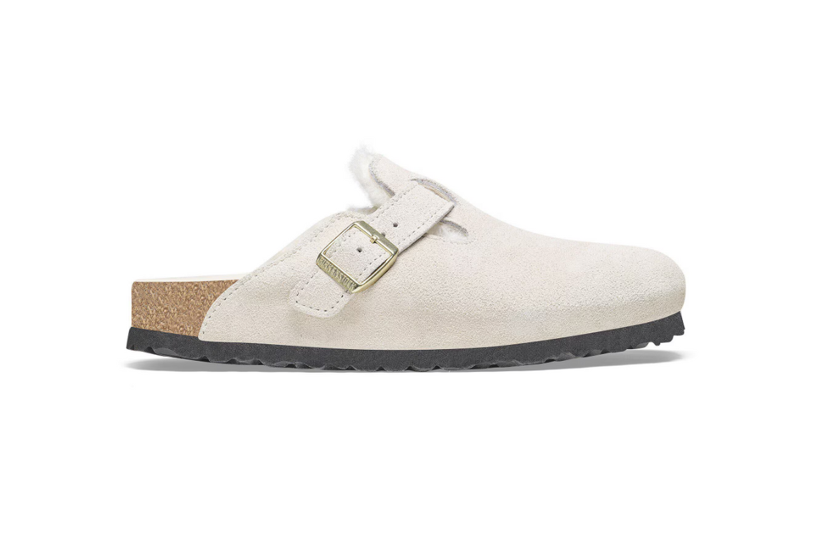 Birkenstock Boston Shearling Antique White Suede Leather Clogs
