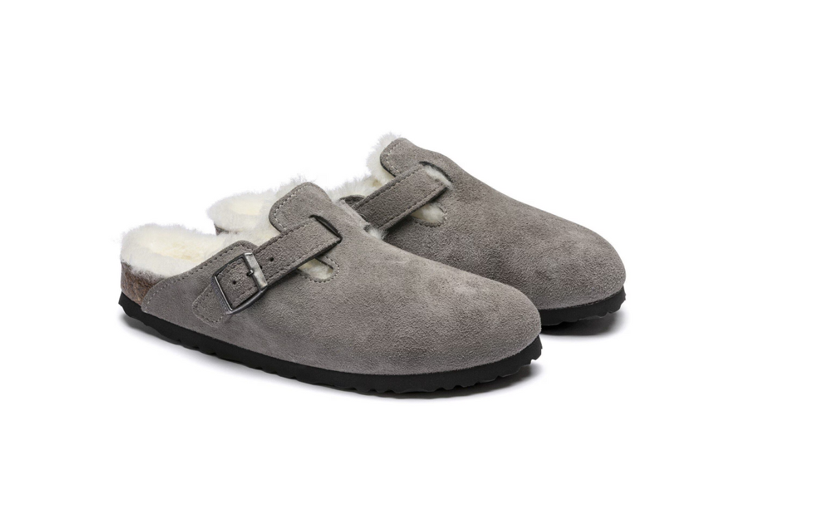 Birkenstock Boston Shearling Suede Leather Stone Coin