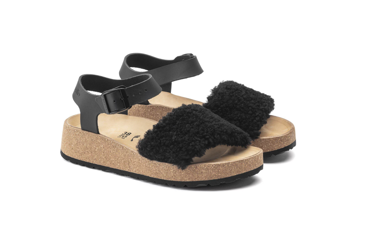 Birkenstock Glenda Natural Leather Shearling Teddy Black Narrow