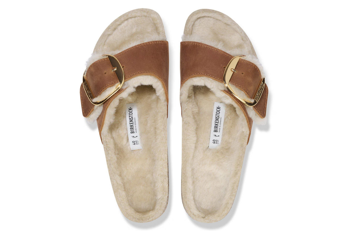 Birkenstock Madrid Big Buckle Shearling Oiled Leather Cognac Narrow