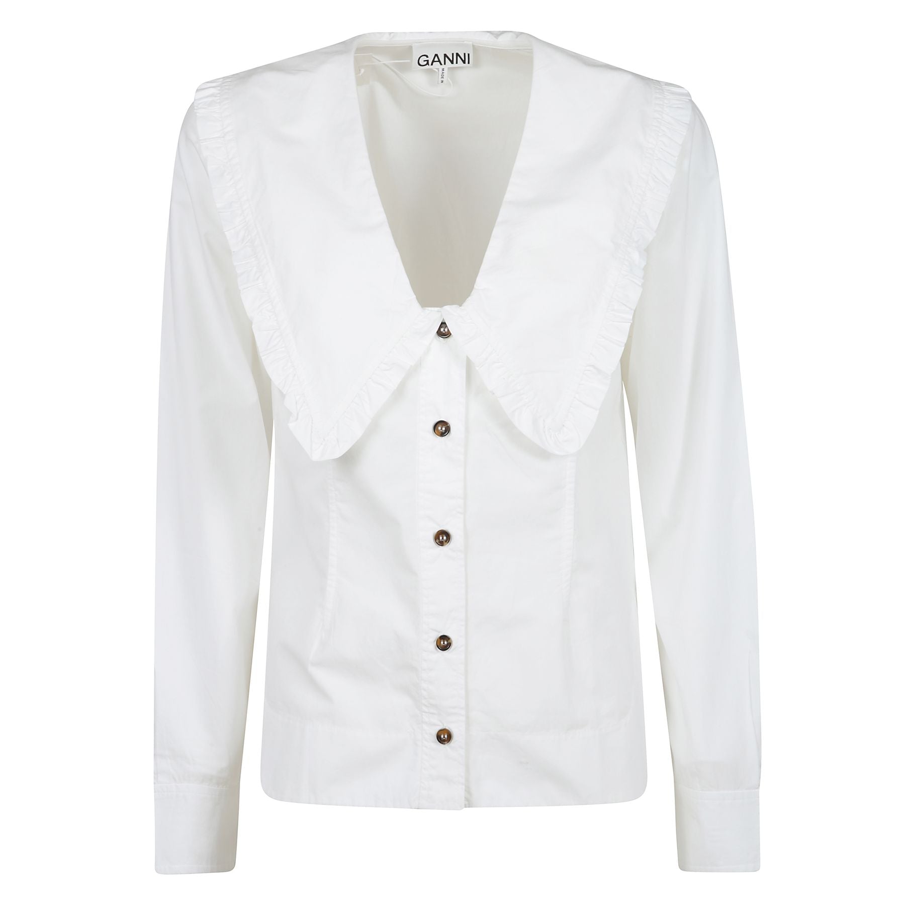 Camicia in popeline di cotone con scollo a v e volant sul collo