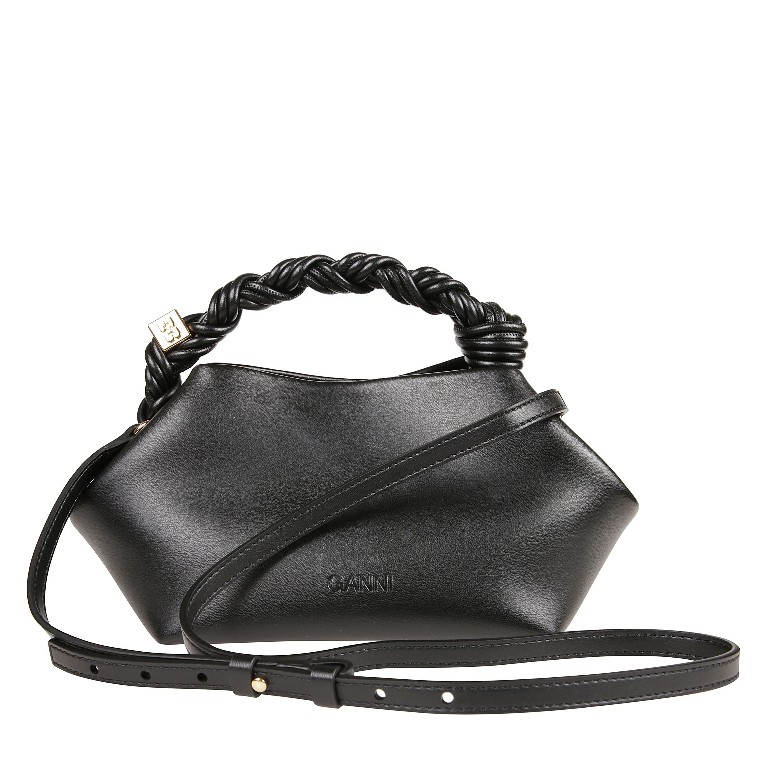 Borsa in pelle. manico intrecciato con nodo decorativo. tracolla removibile. dettaglio dorato sul manico con logo ganni e firma del brand impressa sul retro.
