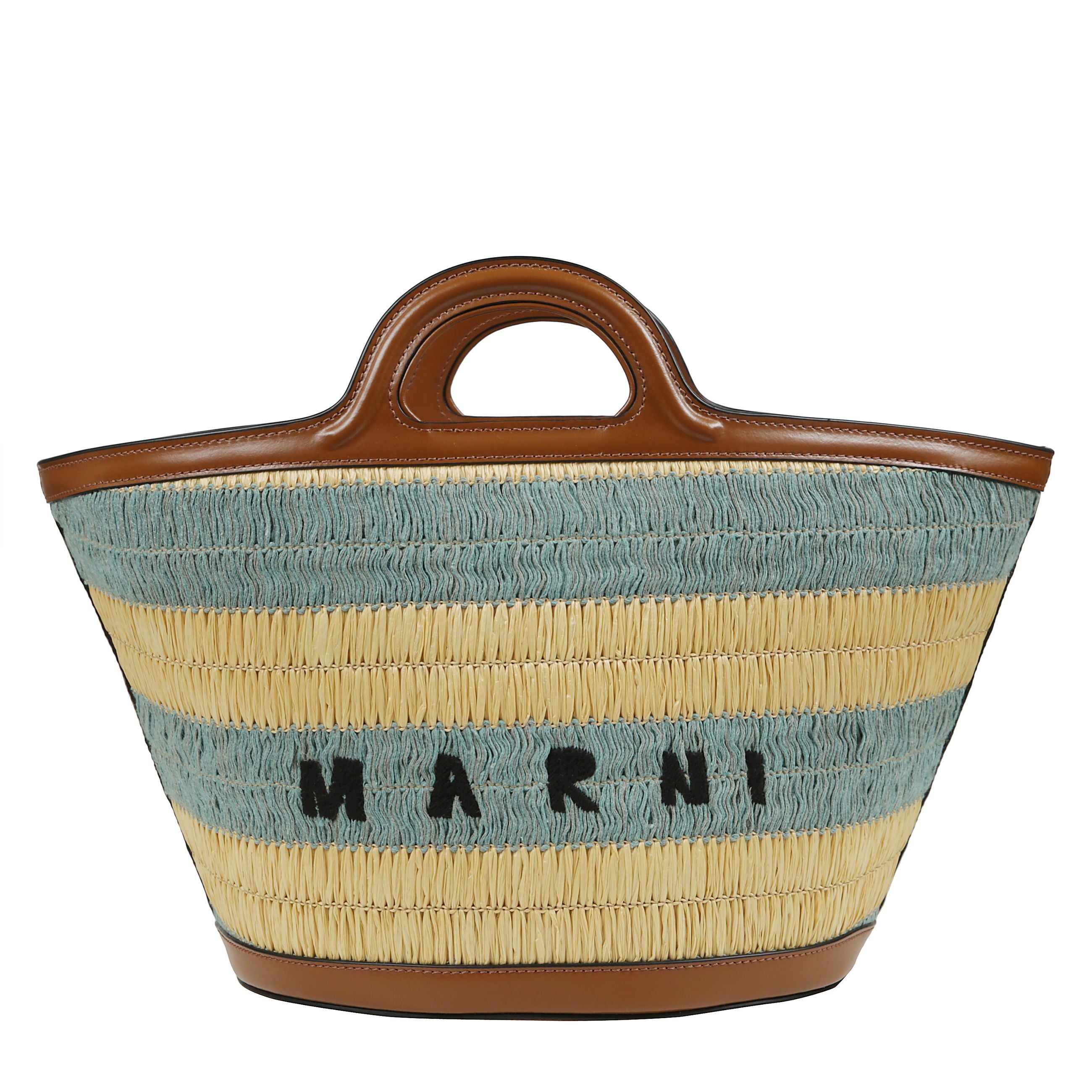 Tropicalia bag a secchiello in tessuto effetto rafia color-block con strisce in cotone crochet. logo marni ricamato sul davanti. rivestimento interno con coulisse. base, tracolla e manici in pelle. chiusura con moschettone.