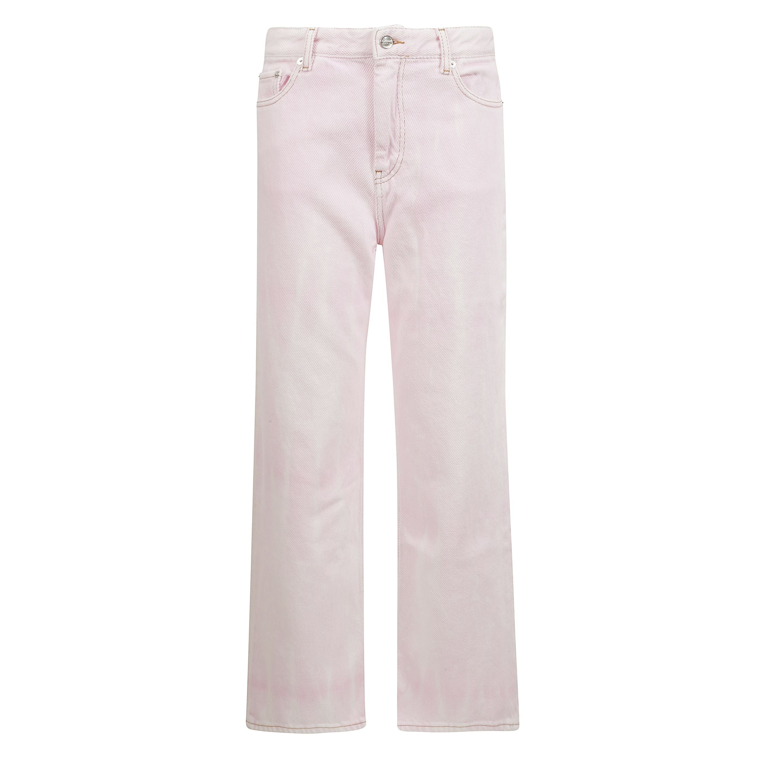 Jeans in denim lavato. chiusura con bottone e cerniera. passanti per cintura. patch con logo ganni sul retro.