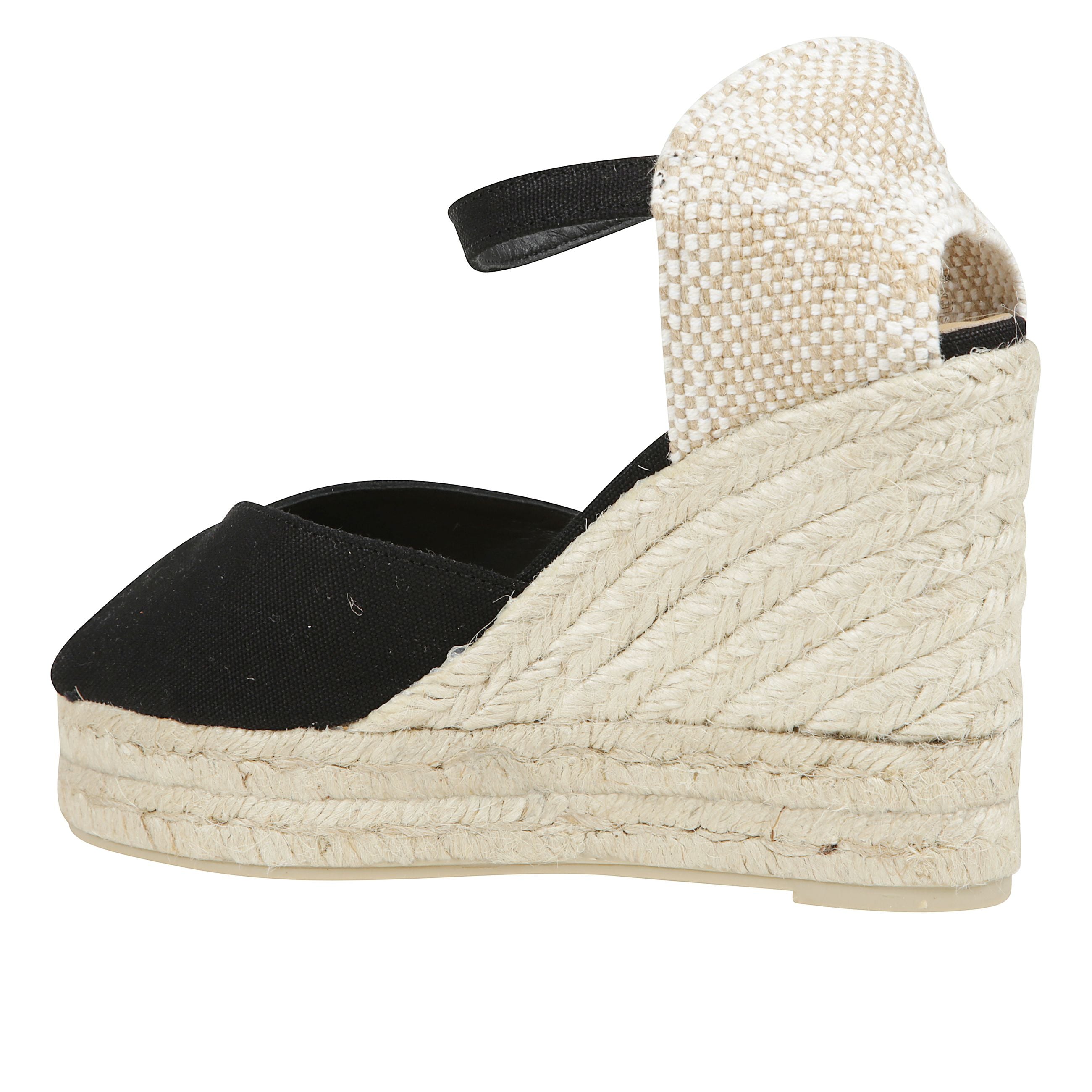 Sandalo bianca stile peep-toe in cotone organico con chiusura a cinturino, soletta imbottita e zeppa in juta con doppio plateau.