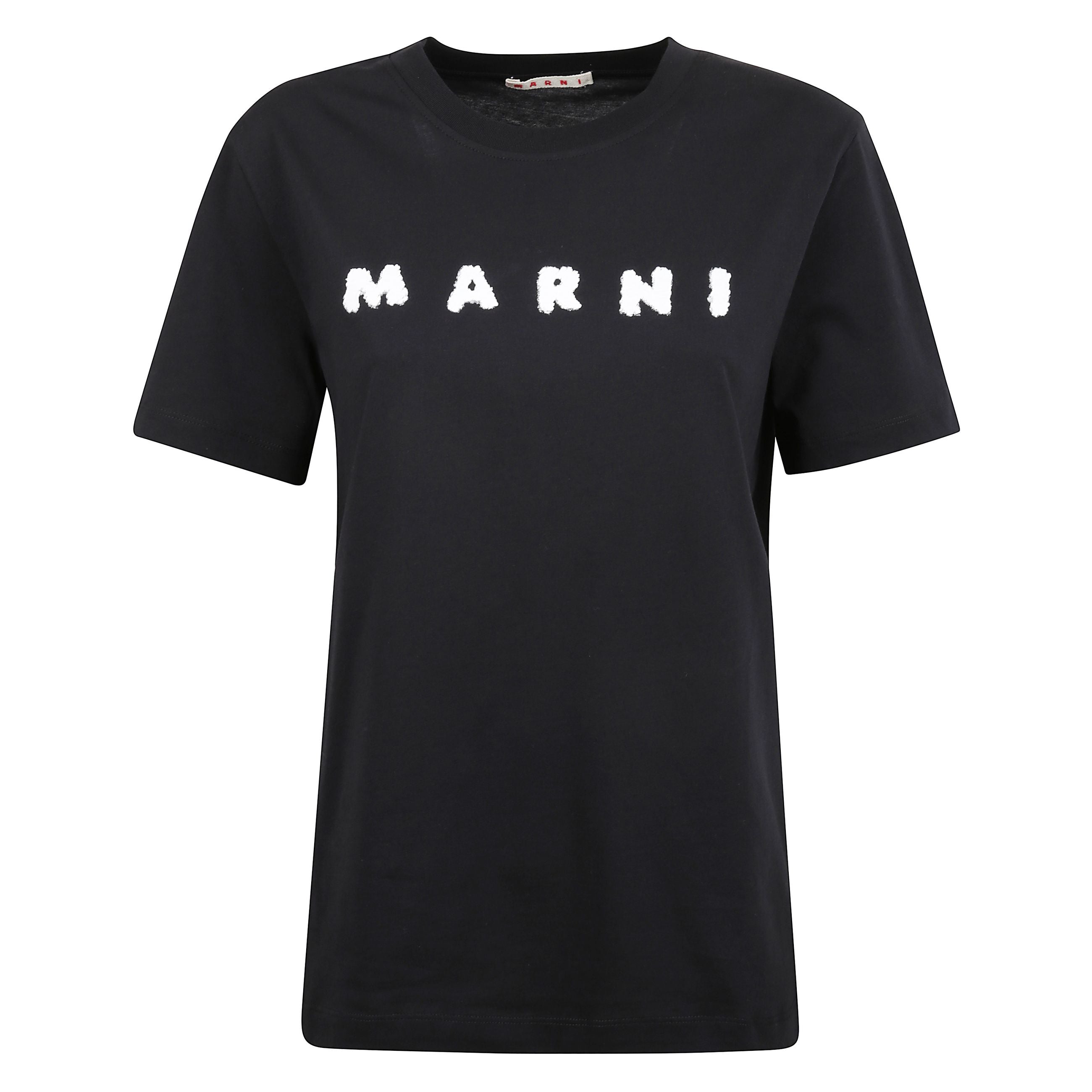 Maglia in cotone con maniche corte e collo rotondo pulito. orlo dritto. logo con firma marni sul davanti.