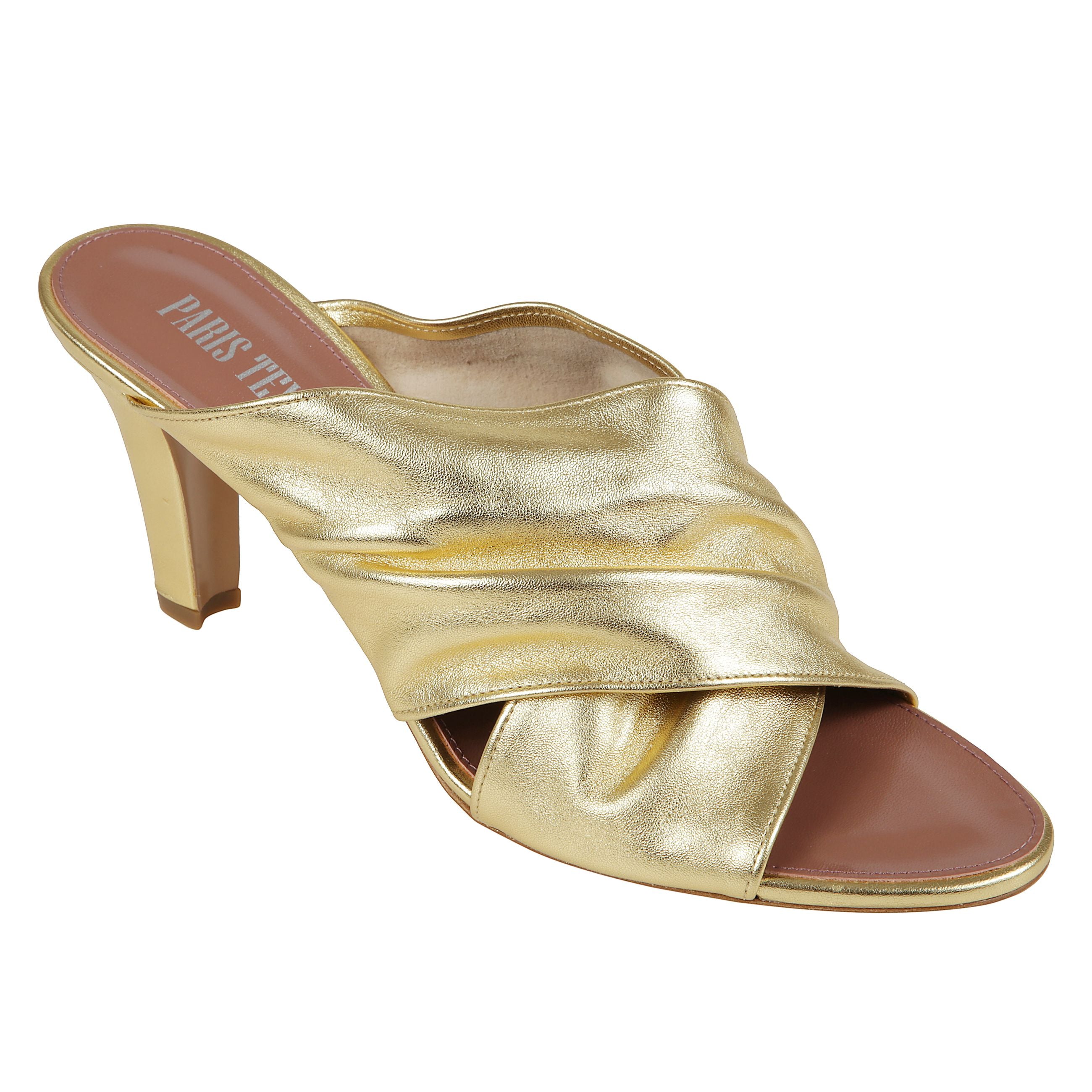 Mules open-toe in pelle con tacco a cono rivestito.