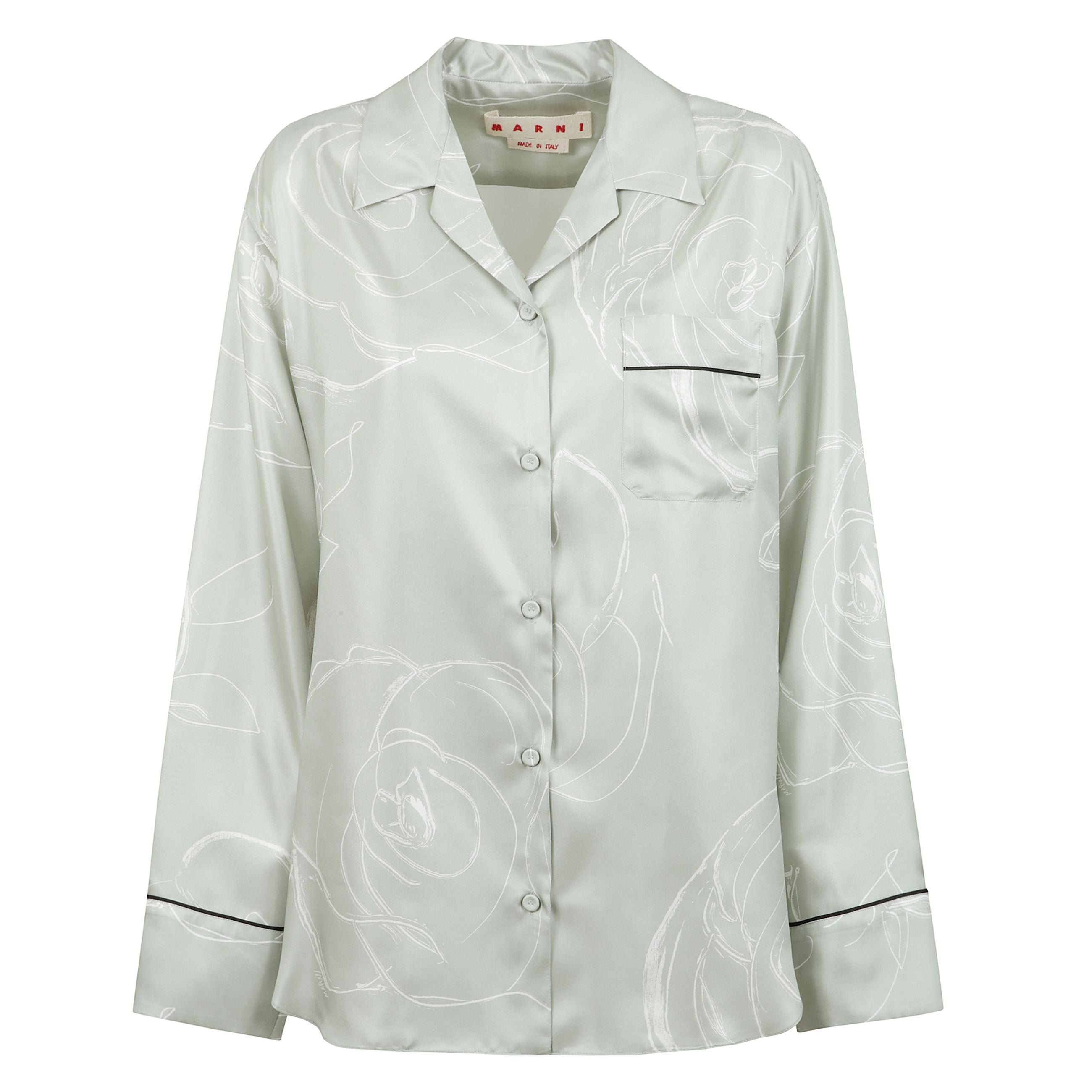 Questa camicia di seta marni presenta un design stampato in una tonalità verde menta. è progettata con un davanti a bottoni, un colletto a revers e maniche lunghe. completo di una tasca sul petto.