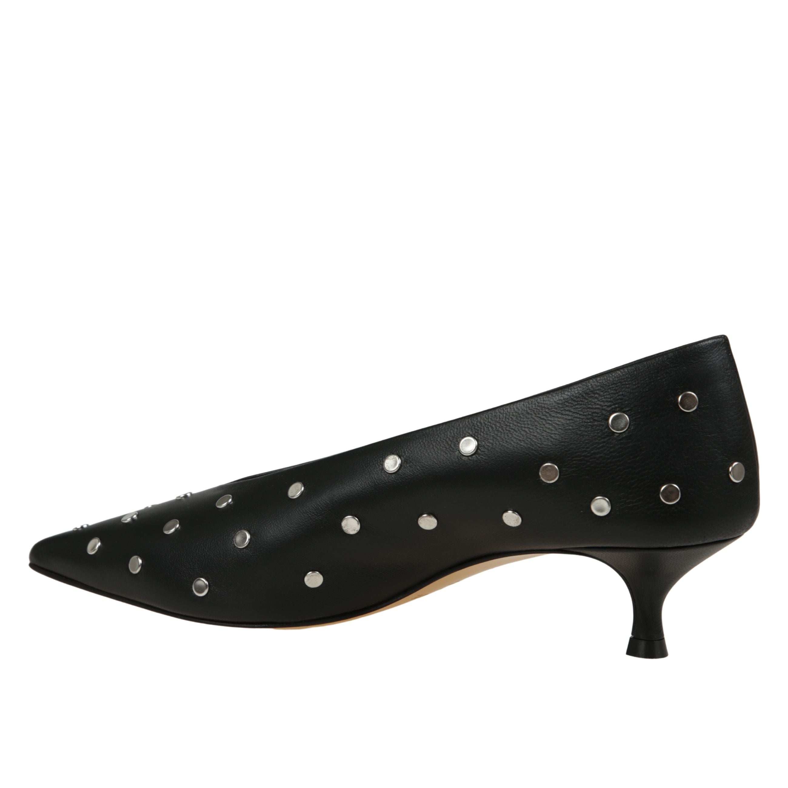 Tacco babouche kitten in pelle nera con borchie argentate, punta appuntita, soletta imbottita in pelle di vitello e tallone da 40mm.