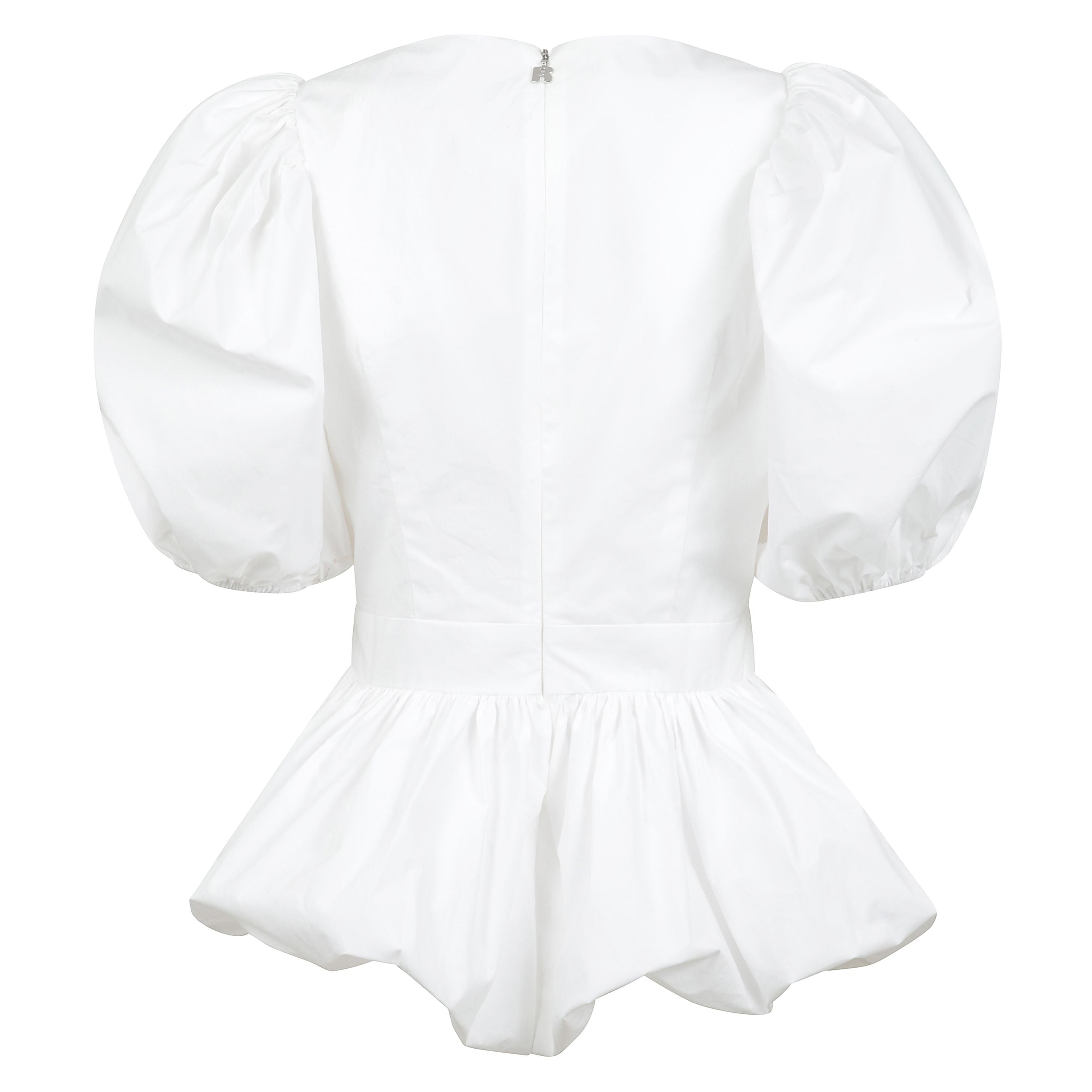 Top con maniche corte a sbuffo, scollatura a v, con chiusura con zip sul retro e dettaglio fiocco sul petto