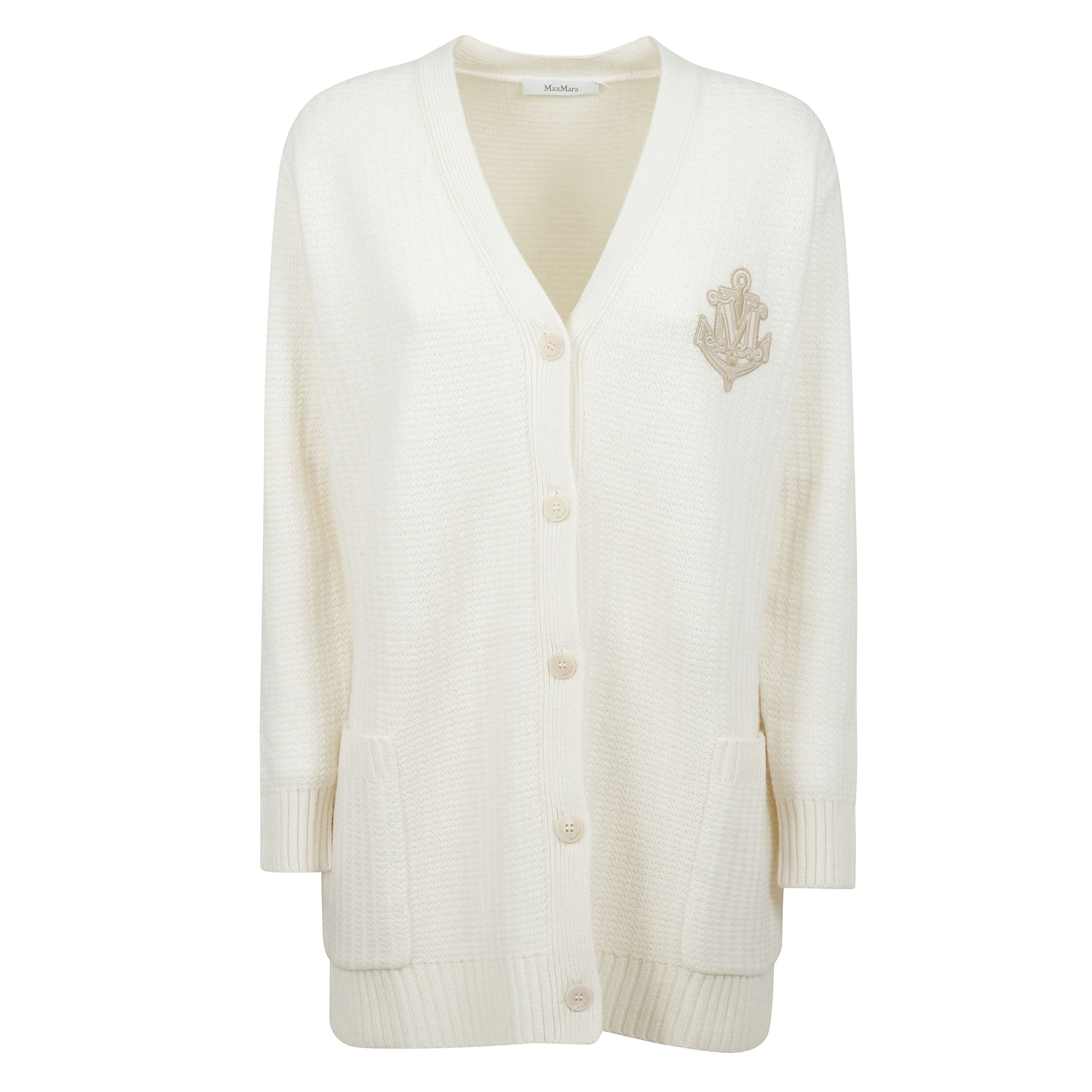 Cardigan lungo in maglia con abbottonatura frontale, fondo manica e fondo a costine, ricami sul pannello frontale e due tasche frontali