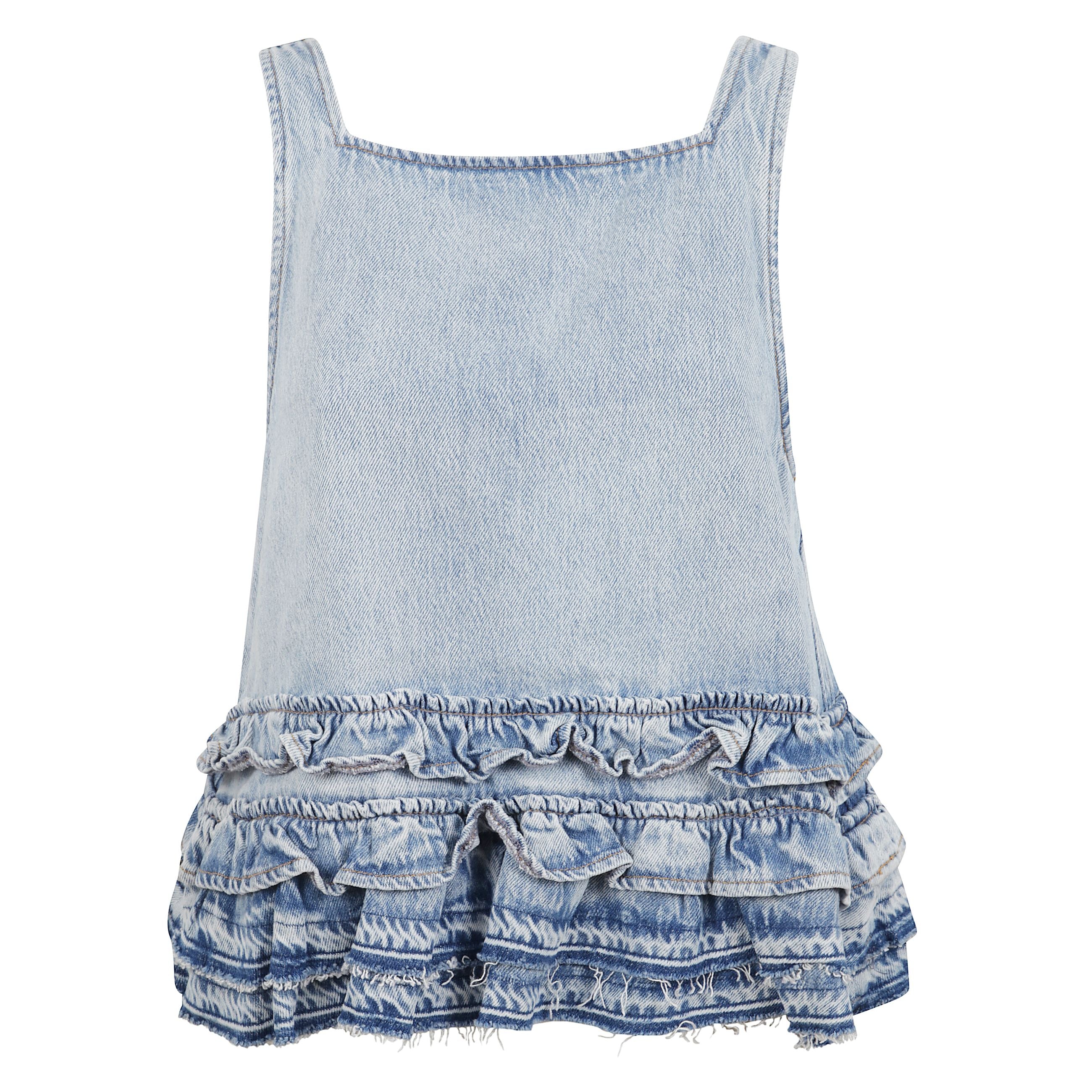 Maglia con design senza maniche a scollo quadrato. ampio scollo sulla schiena. dettaglio con fibbia sul retro. orlo con volant.