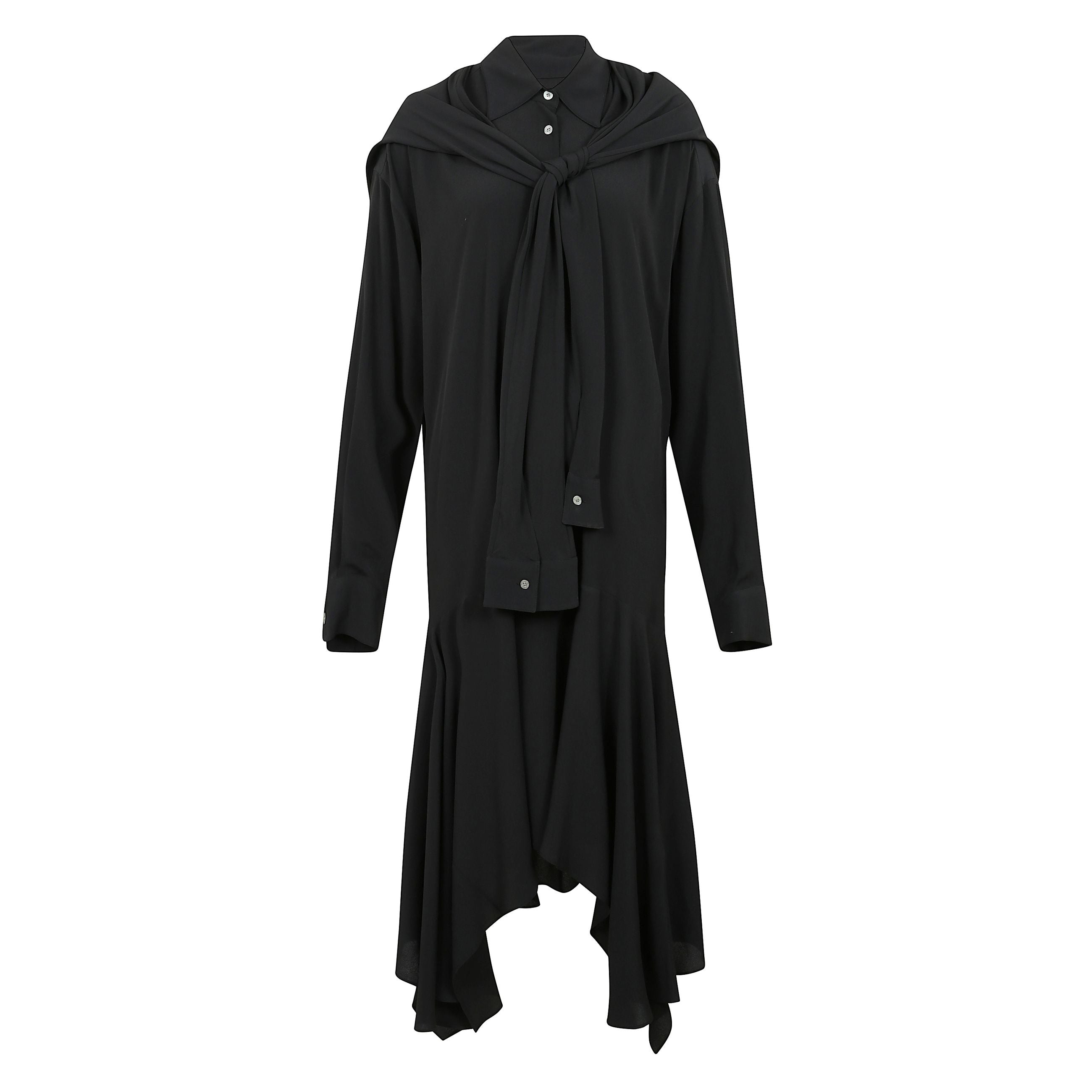 Vestito con maniche lunghe, presenta una costruzione a strati con una sciarpe sulla spalla e gonna asimmetrica. realizzato in un tessuto fluido misto seta. taglio regolare.