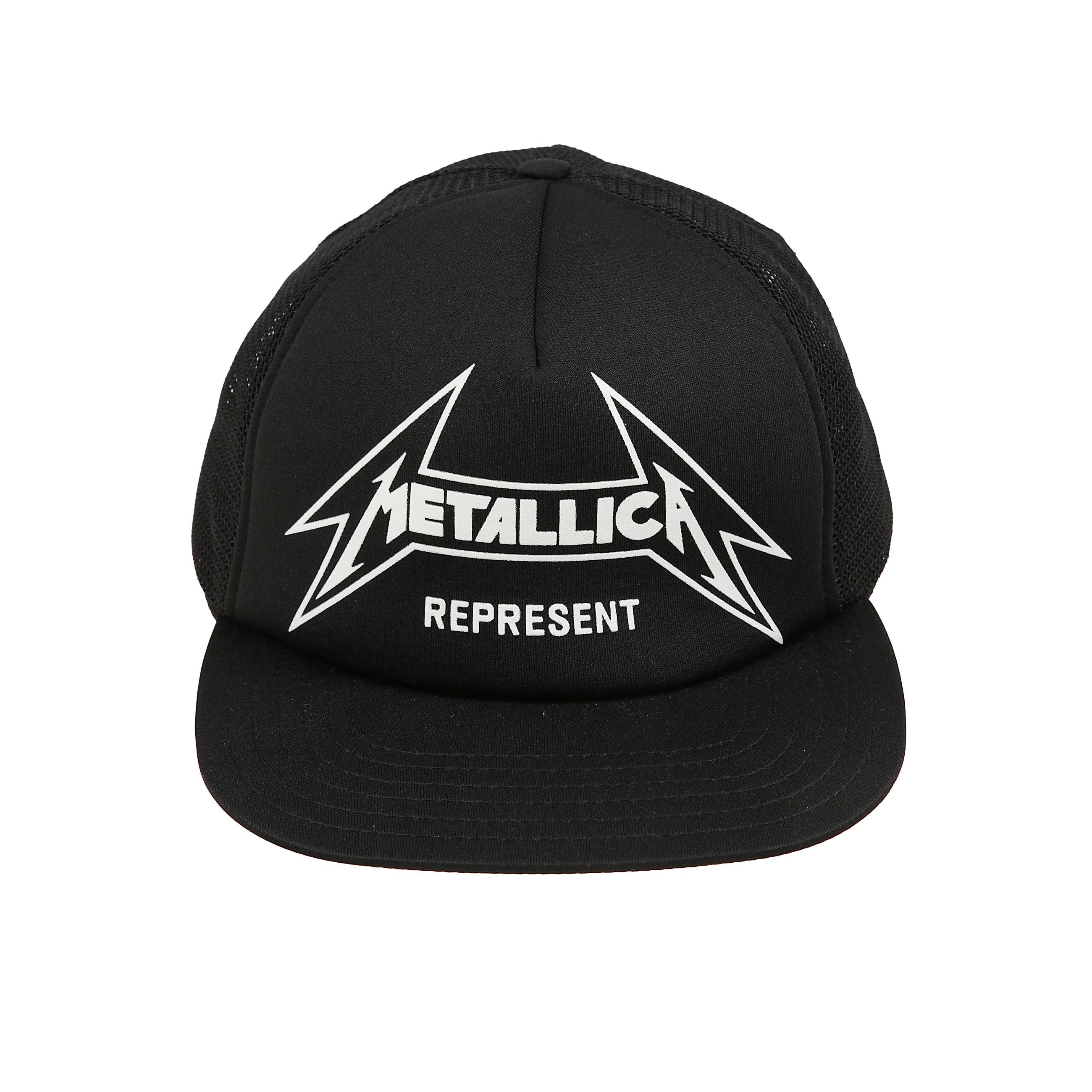 Metallica cap in black, un classico trucker cap stile con costruzione in neoprene e mesh indietro. presenta un logo metallica serigrafato sul davanti e regolatore snapback sul retro.