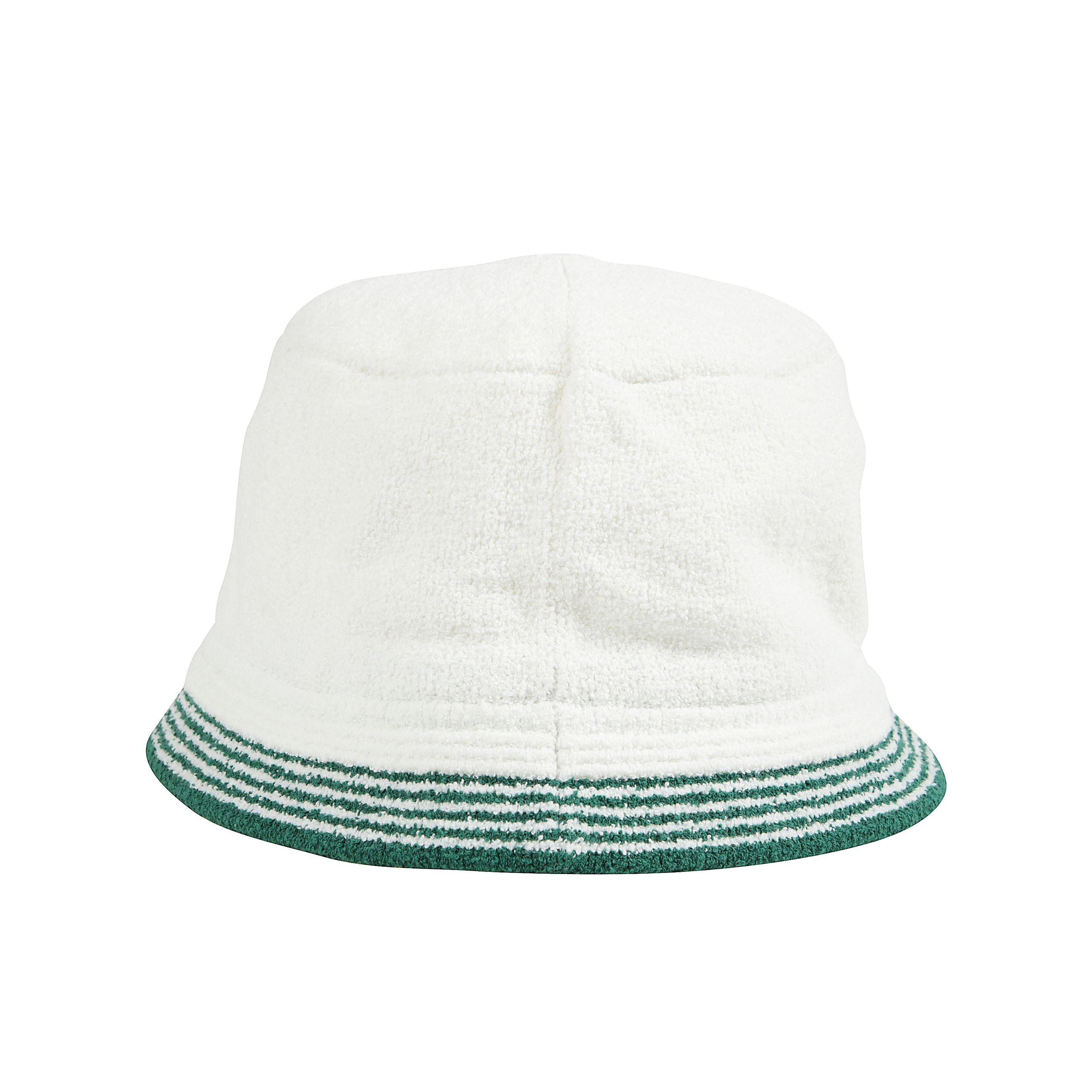 Bucket emboidered hat il cappello a secchiello casablanca bianco è realizzato in spugna di cotone e presenta un ricamo del logo verde e un disegno a righe sulla tesa.