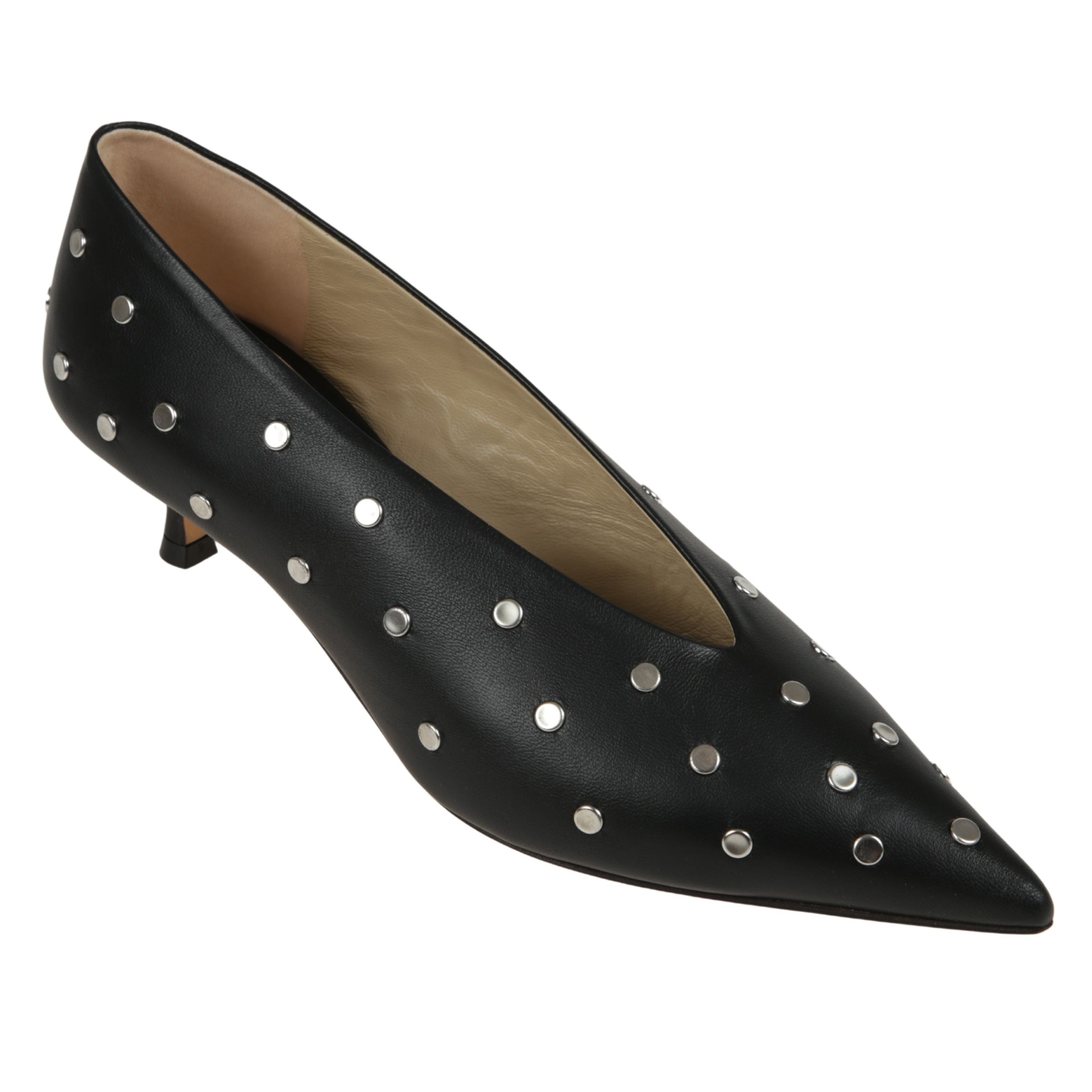 Tacco babouche kitten in pelle nera con borchie argentate, punta appuntita, soletta imbottita in pelle di vitello e tallone da 40mm.