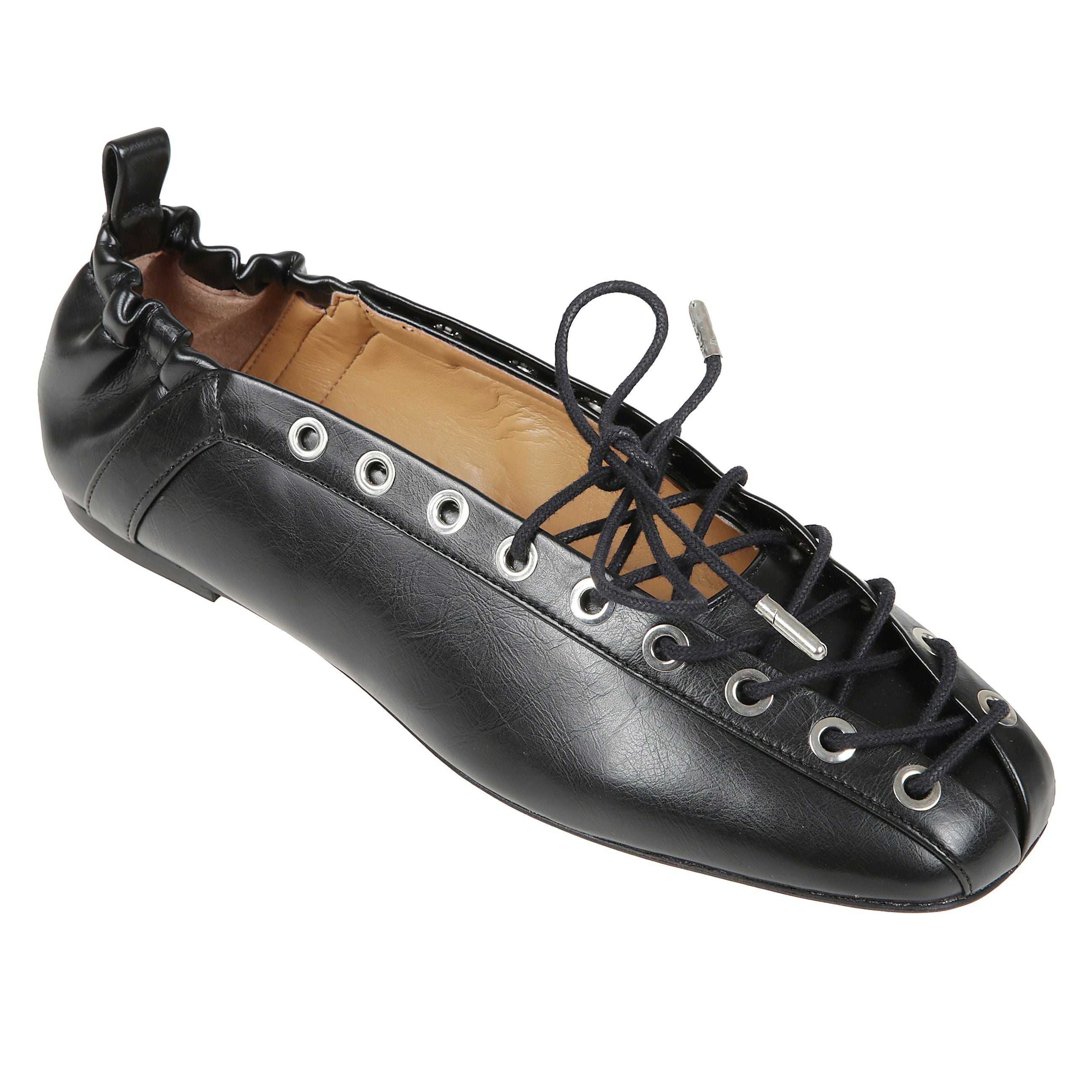 Eyelets lace up ballerina crinkle oleatex
ballerina realizzata in pelle nera. presenta occhielli metallici e lacci cerati incrociati. caratterizzata da una punta arrotondata quadrata oltre che da una suola nera in cuoio