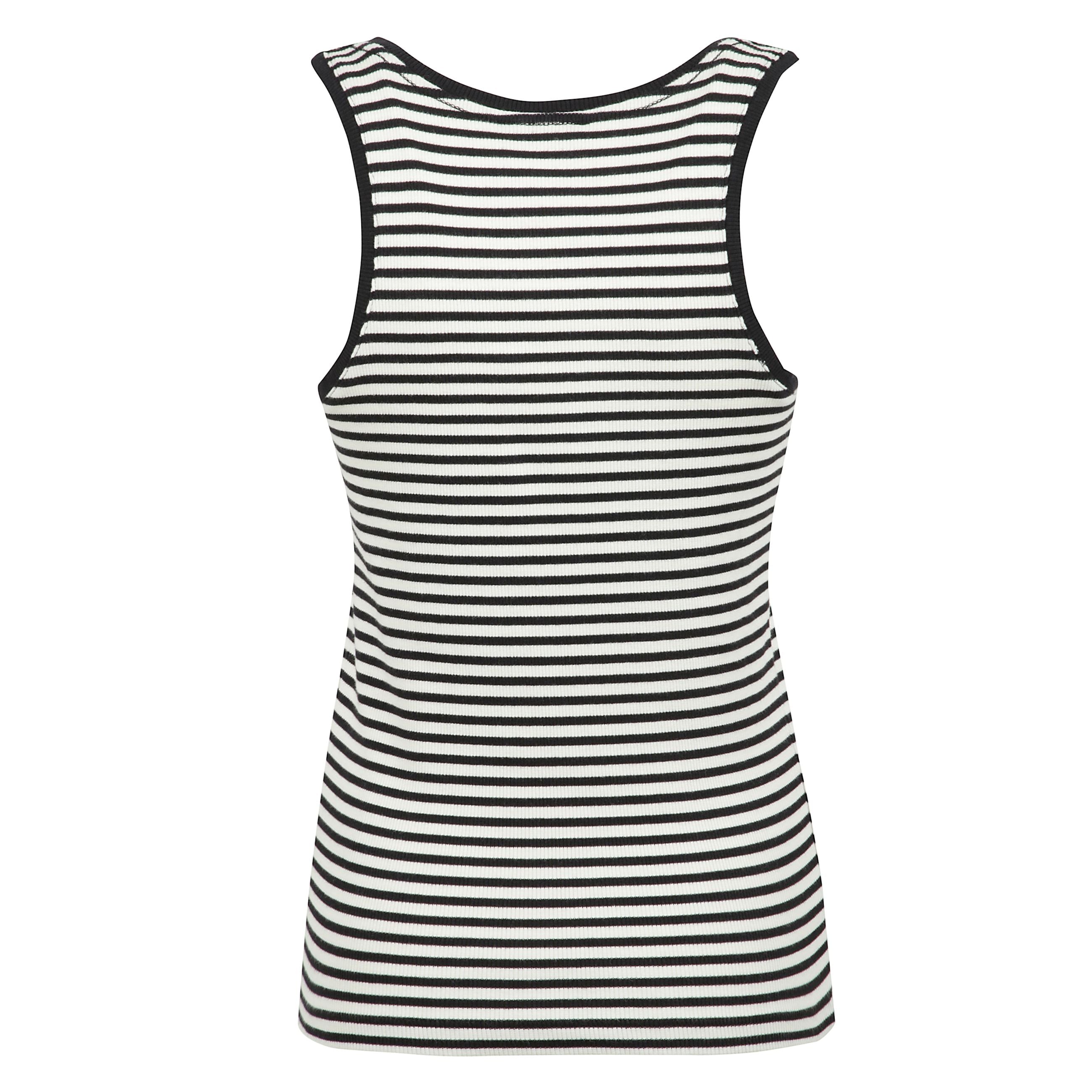 Canotta modello alessia in cotone a coste con fantasia a righe nere e color crema. presenta uno scollo rotondo e bottoni a pressione con monogramma dorato.