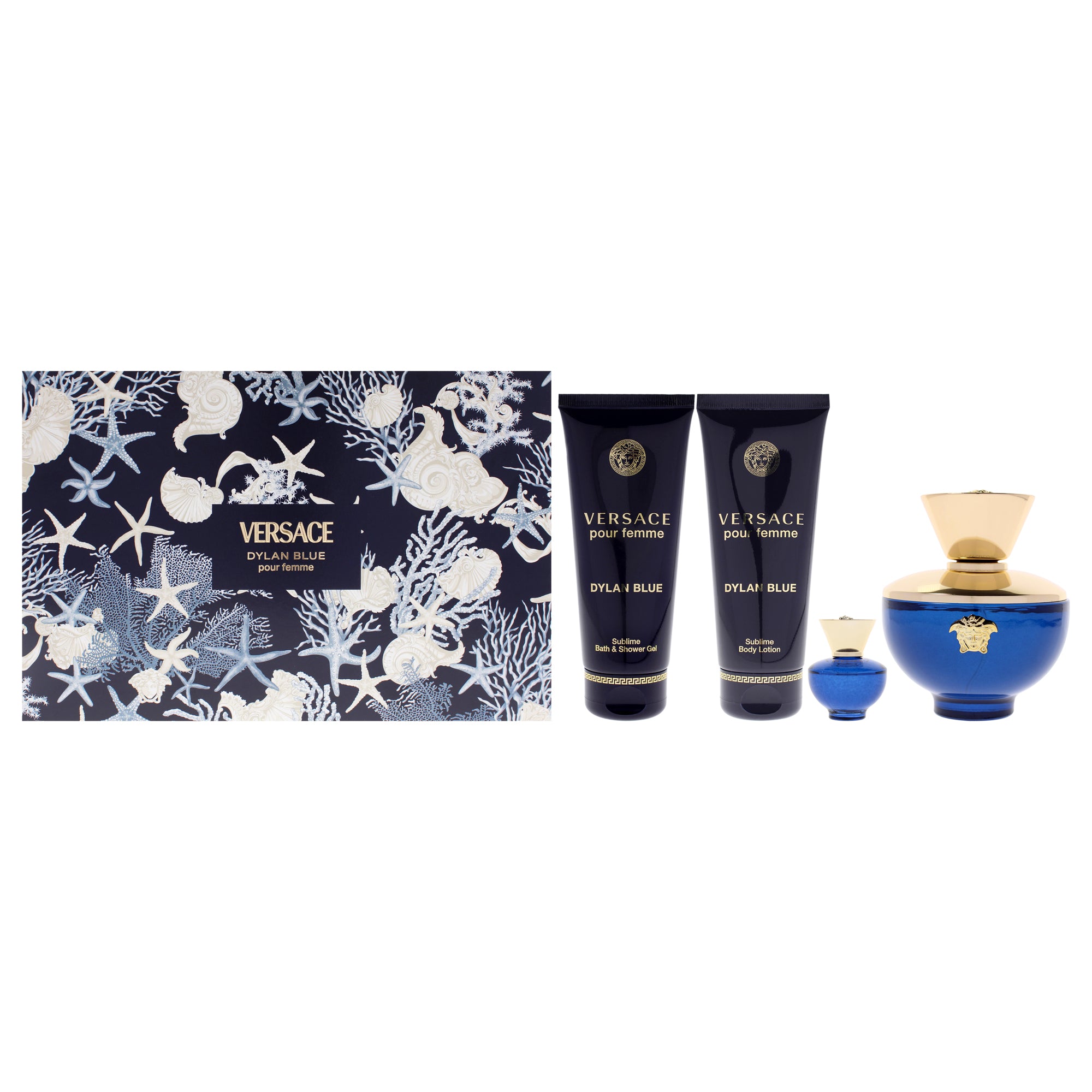 Dylan Blue by Versace for Women - 4 Pc Gift Set 3.4oz EDP Spray, 0.17oz EDP Splash (Mini), 3.4oz Body Lotion, 3.4oz Bath and Shower Gel