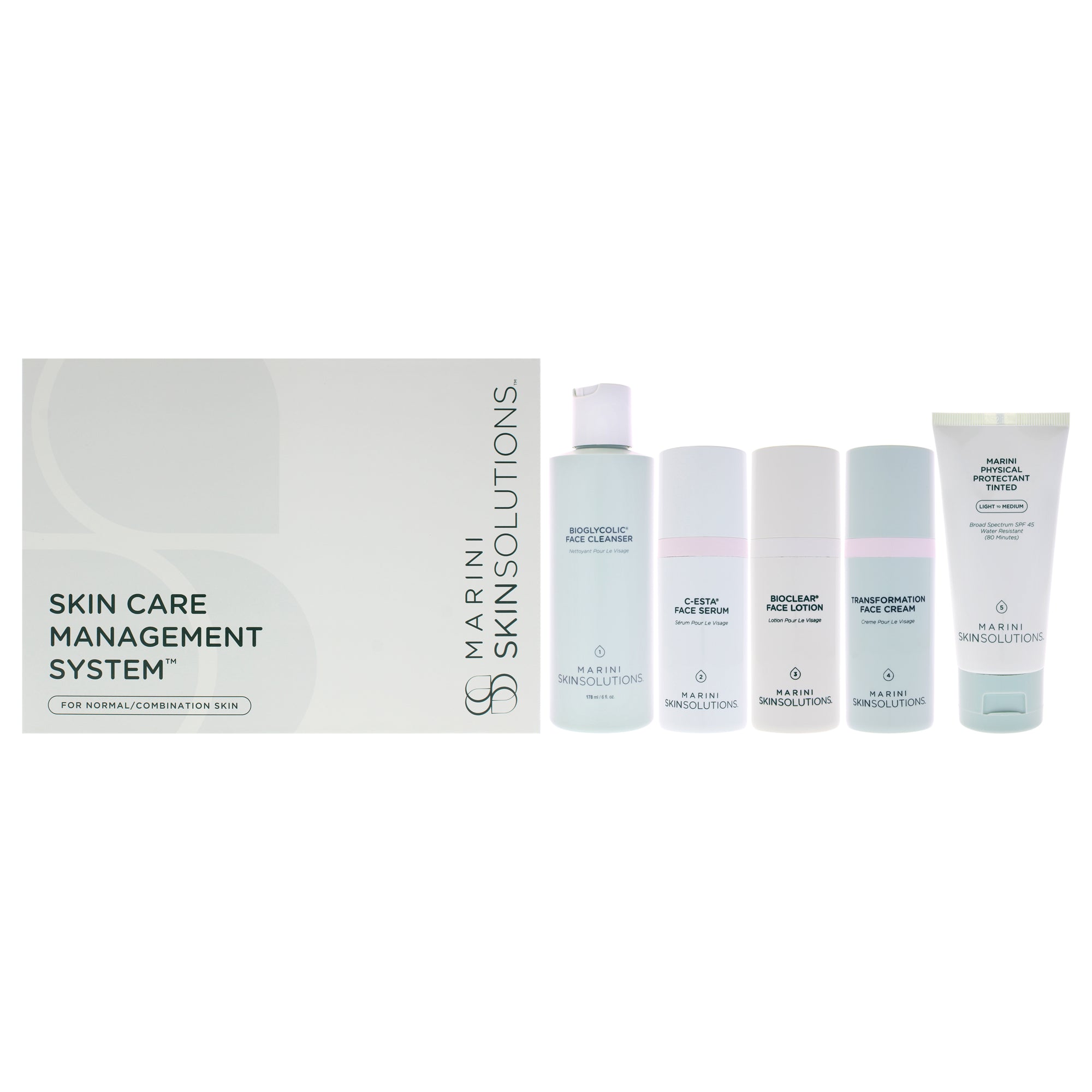 Skin Care Management System - Normal to Combination by Marini SkinSolutions for Unisex - 5 Pc 6oz Bioglycolic Face Cleanser, 1oz C-ESTA Face Serum, 1oz Bioclear Face Lotion, 1oz Transfomation Face Cream, 2oz Marini Physical Protectant Tinted SPF 45