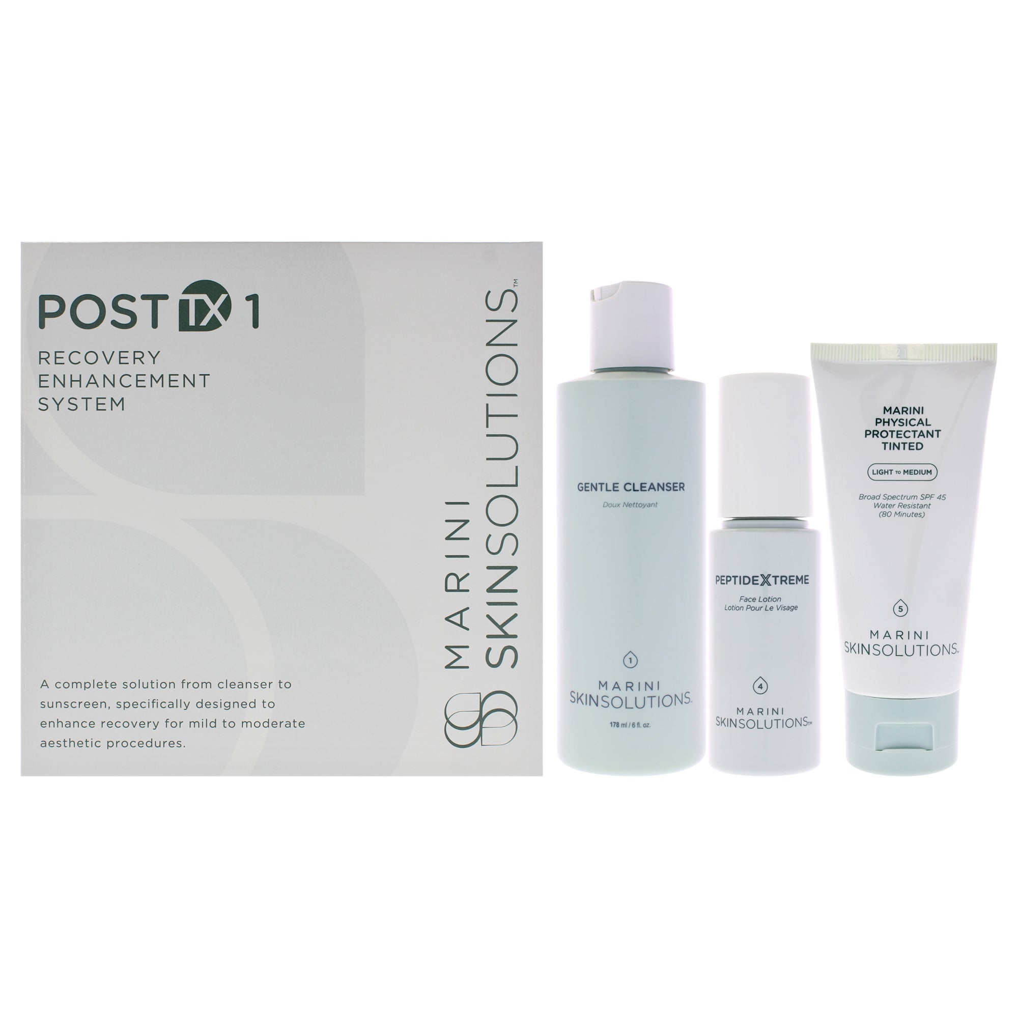 Post TX 1 Recovery Enhancement System by Marini SkinSolutions for Unisex - 3 Pc 6oz Gentle Cleanser, 1oz PeptideXtreme, 2oz Marini Physical Protectant Tinted SPF 45