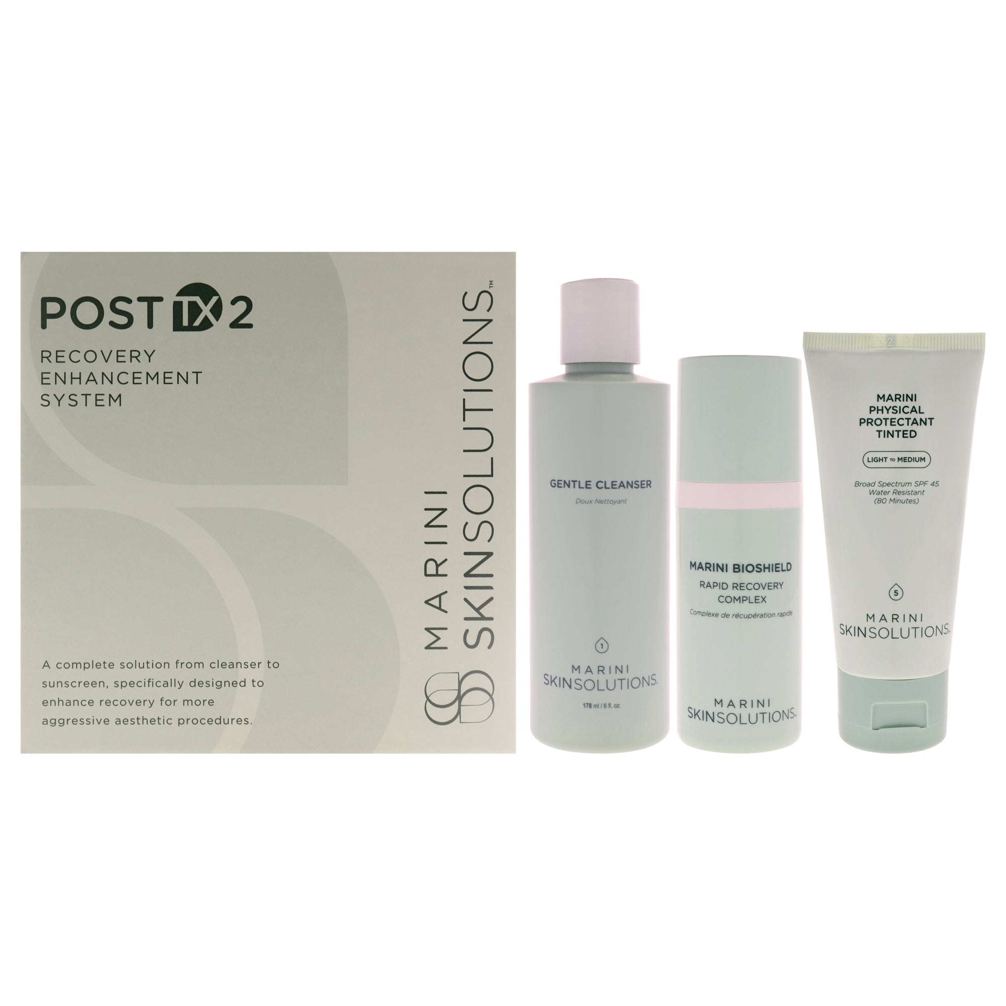 Post TX 2 Recovery Enhancement System by Marini SkinSolutions for Unisex - 3 Pc 6oz Gentle Cleanser, 1oz Marini BioShield, 2oz Marini Physical Protectant Tinted SPF 45