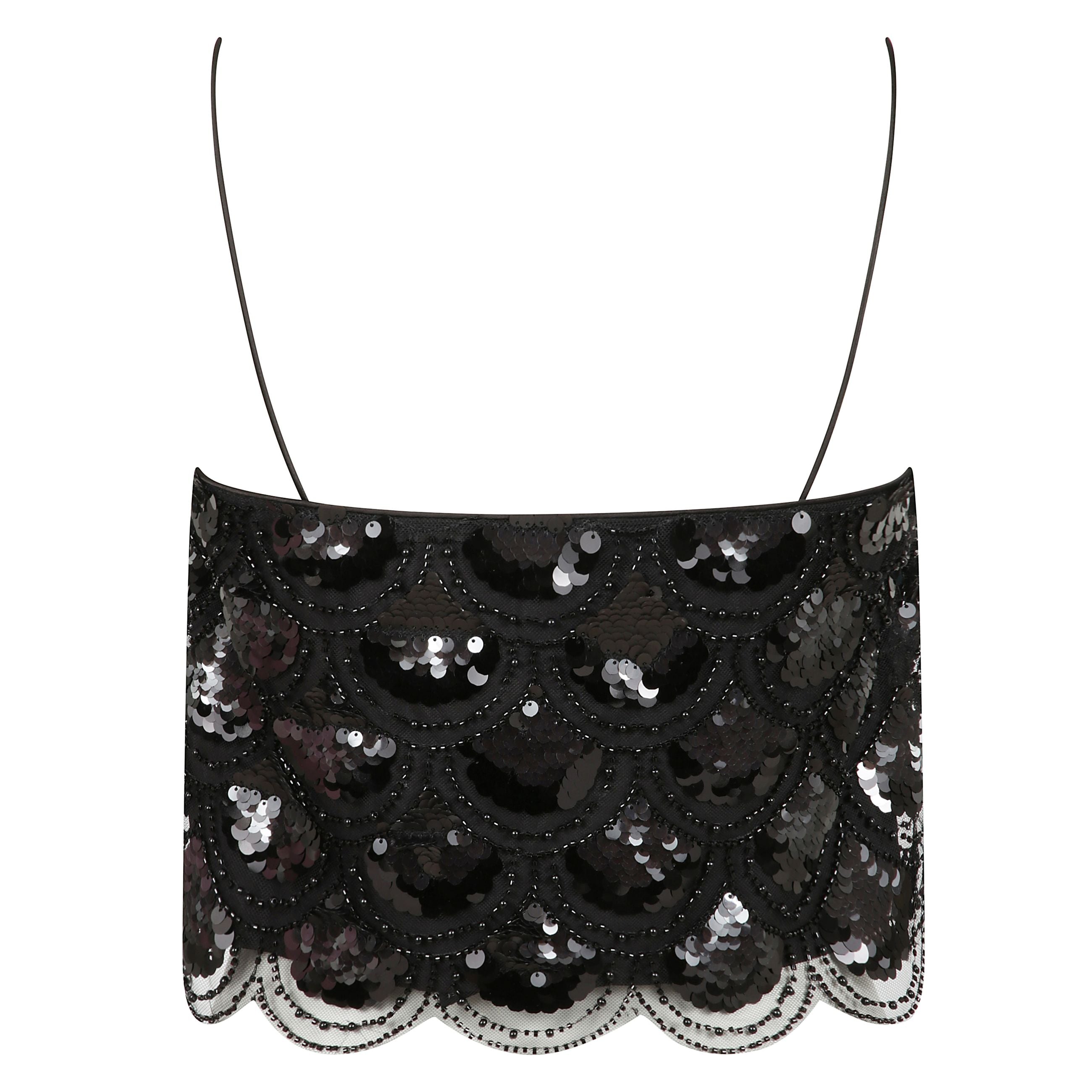 Top in paillettes con spalline e scollo quadrato, dettaglio con paillettes all over.