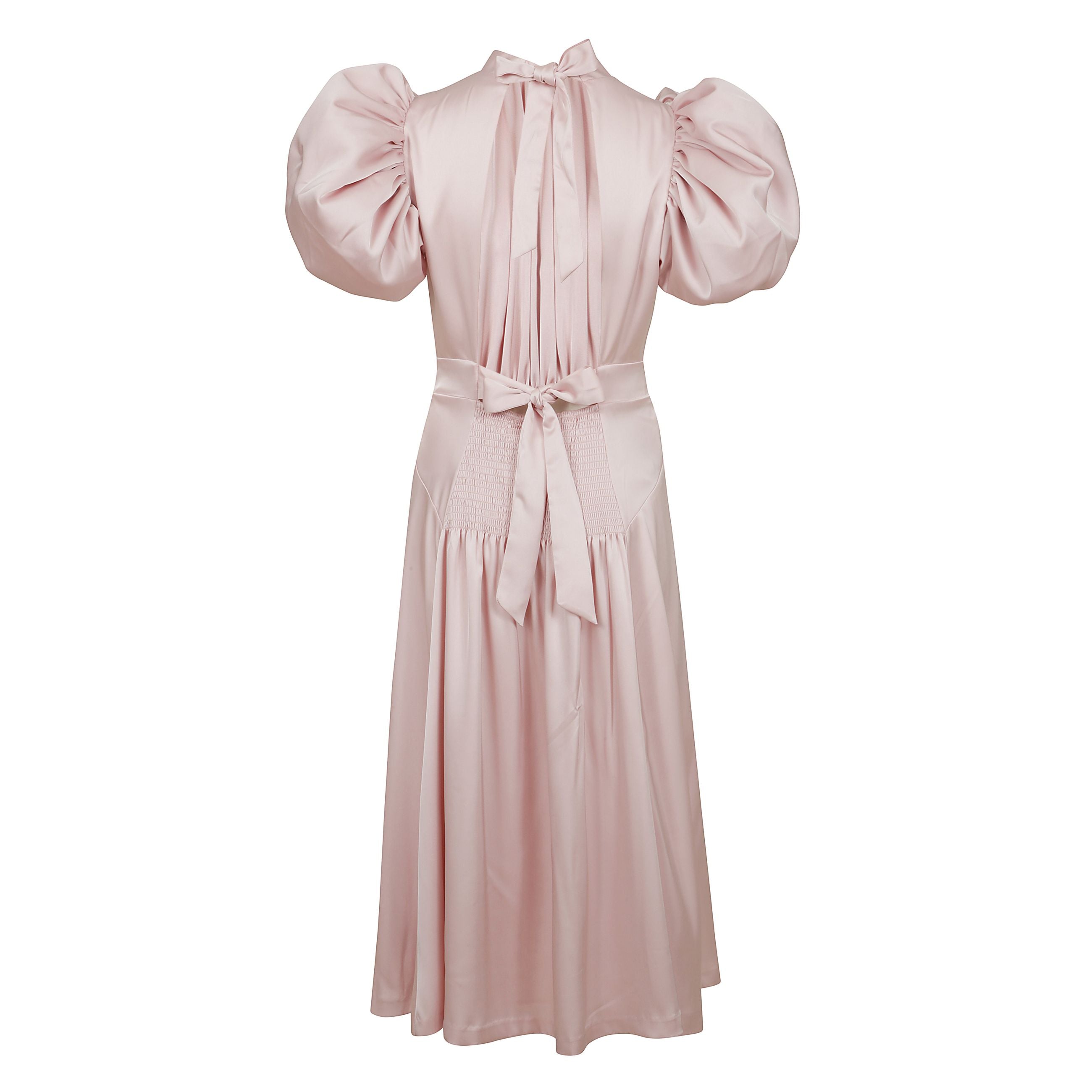 Il raso puff midi dress rosa presenta voluminose maniche a soffio e una silhouette mitica lusinghiero. il design include un dettaglio di legatura sul collo, una cravatta in vita per la definizione e una parte posteriore elastica per maggiore comfort e fle