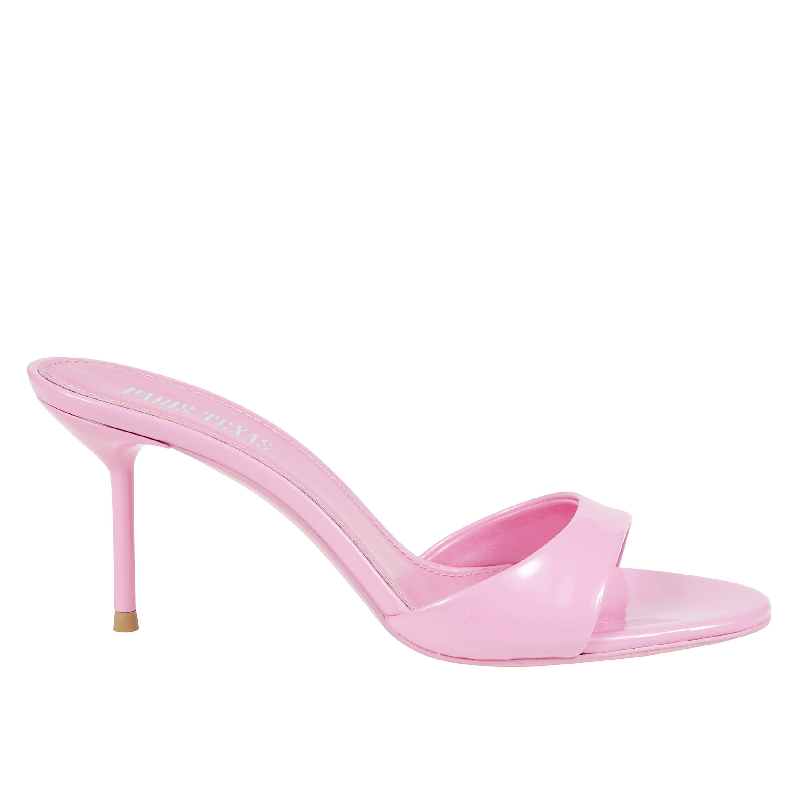 Lidia mule 70 in pelle lucida con tacco a spillo e suola in cuoio.