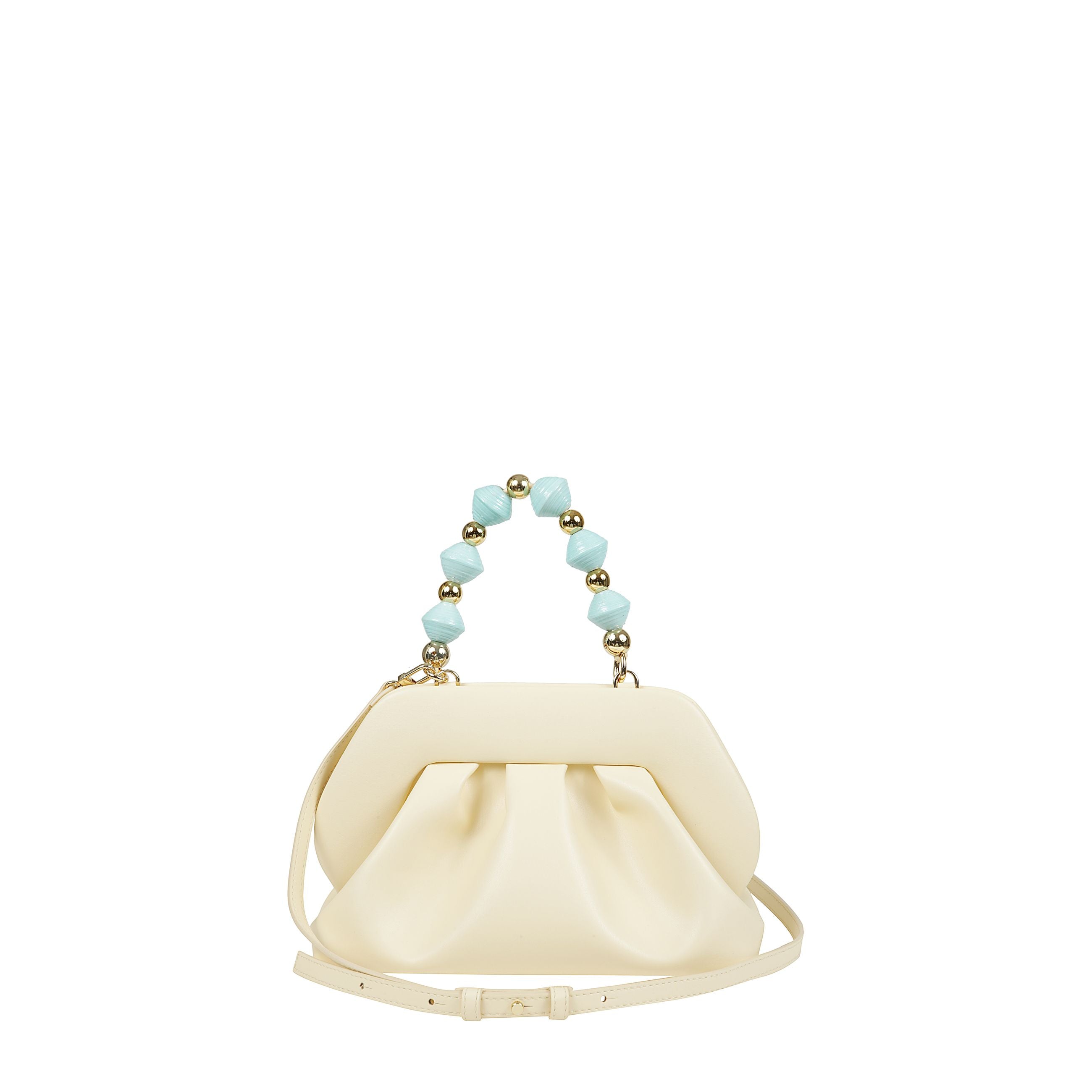 Pochette in pelle con manico perlato e tracolla rimovibile, chiusura magnetica superiore