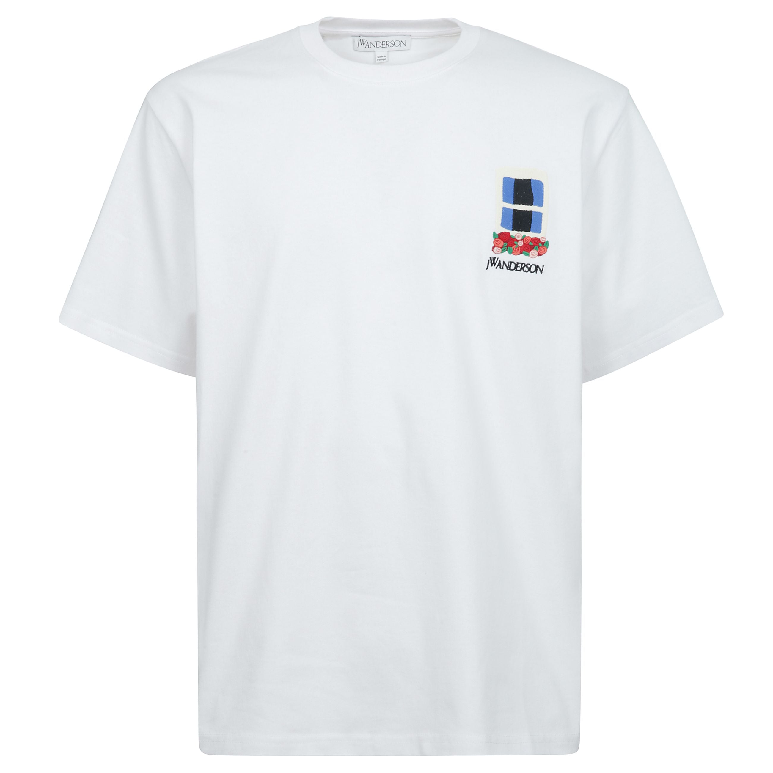 T-shirt bianca jw anderson a girocollo e manica corta con logo ricamato sul petto.