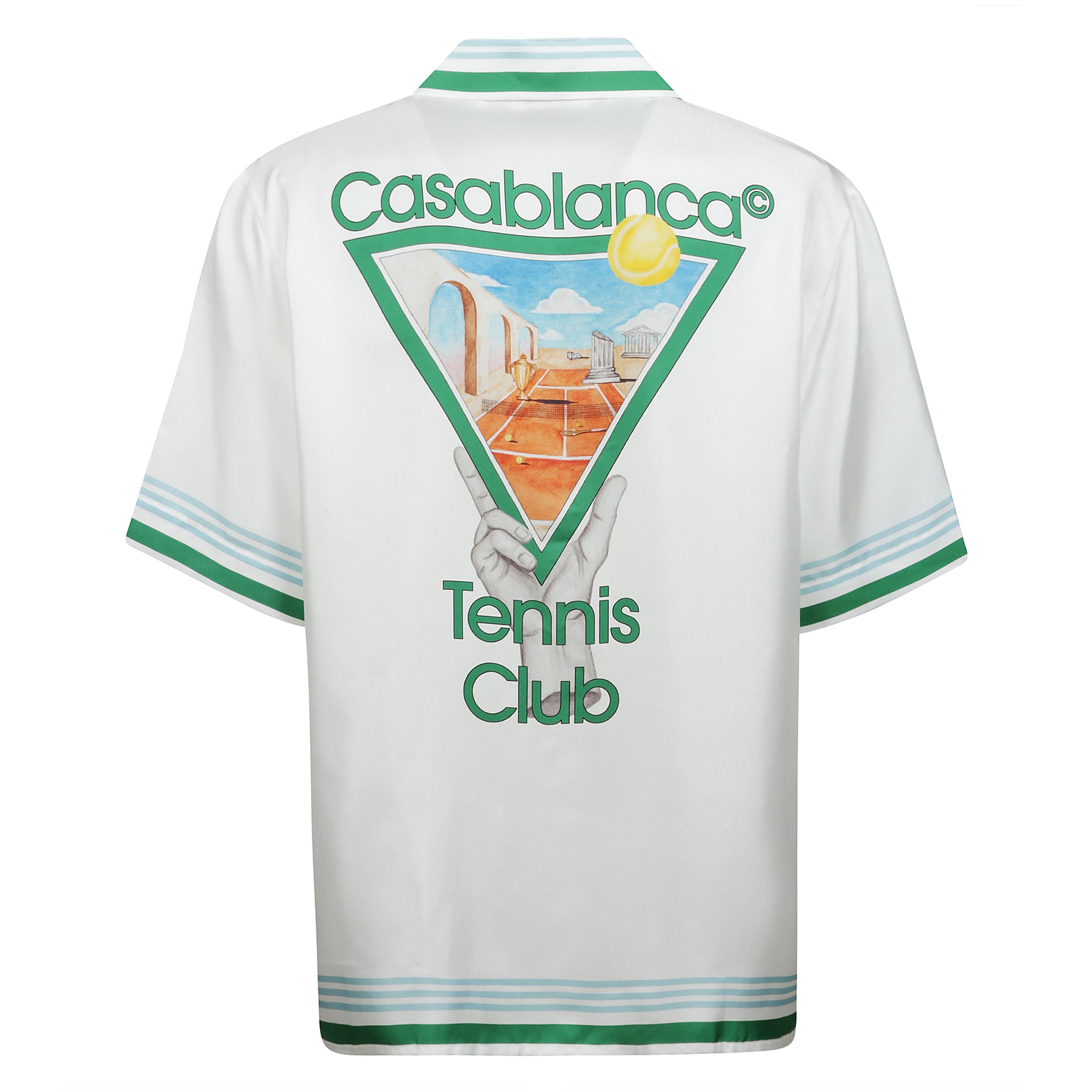 Conosciuta per la sua artigianalità , i materiali di lusso e il design ispirato allo sport, casablanca presenta la collezione 2025 che infonde pezzi d'eccezione con l'iconografia greca antica. la tennis icon vacation shirt è una t-shirt in cotone con sta