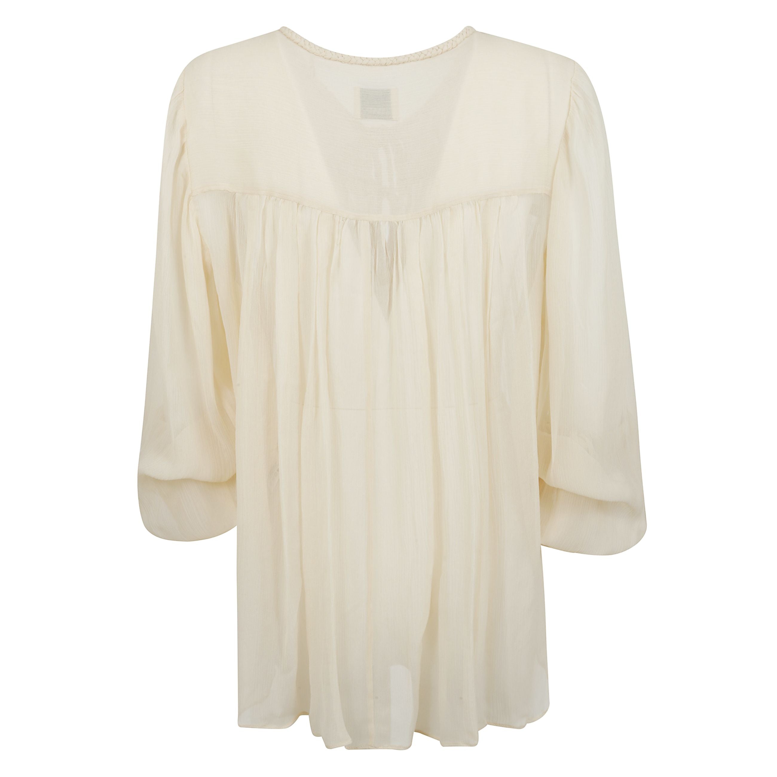 Blusa ametissa in seta, chiusura frontale con fiocco, orli elasticizzati e dettagli plissettati