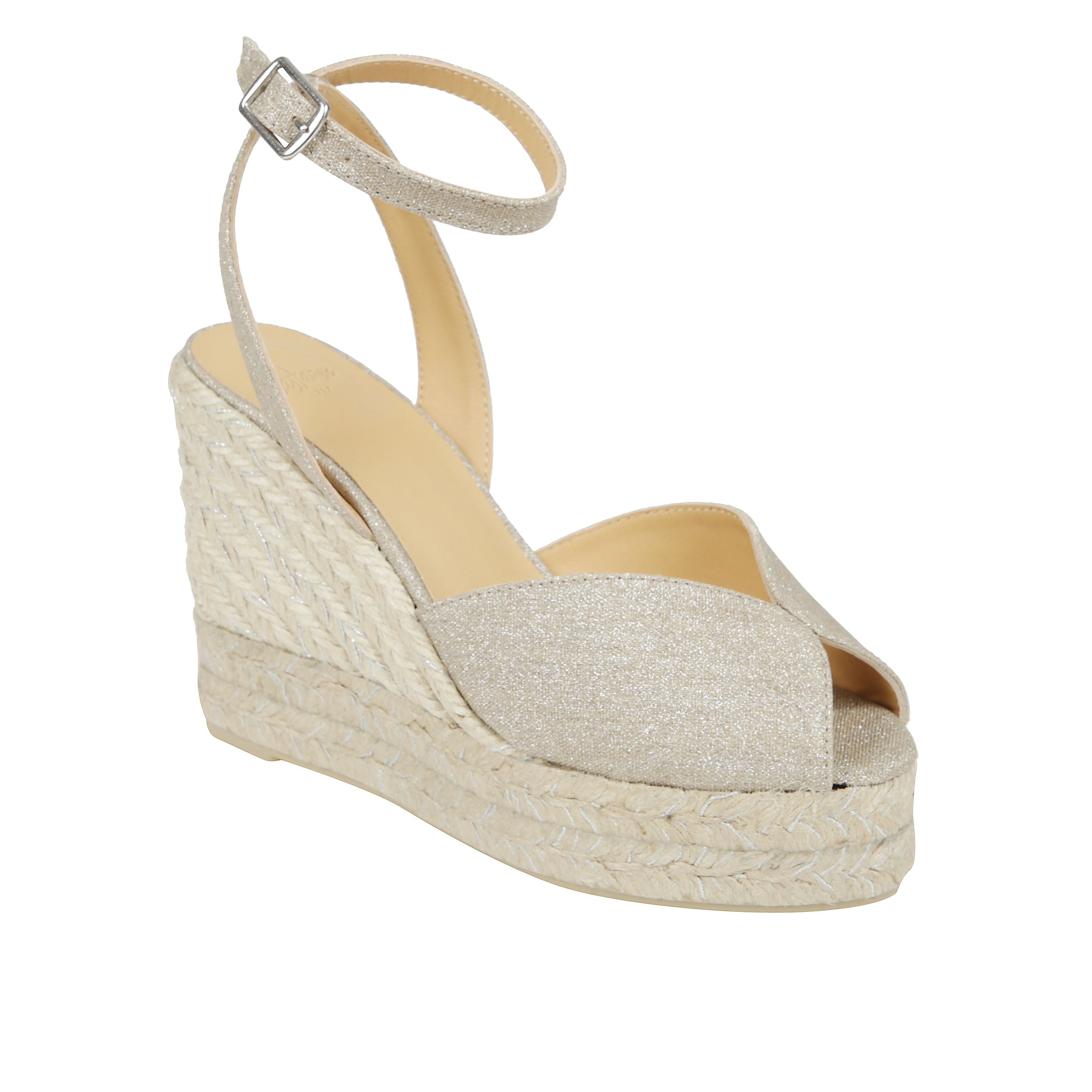 Sandalo blossom in lino metallizzato con chiusura a cinturino, scollo a v, soletta imbottita e zeppa in juta di 11 cm con doppio plateau.