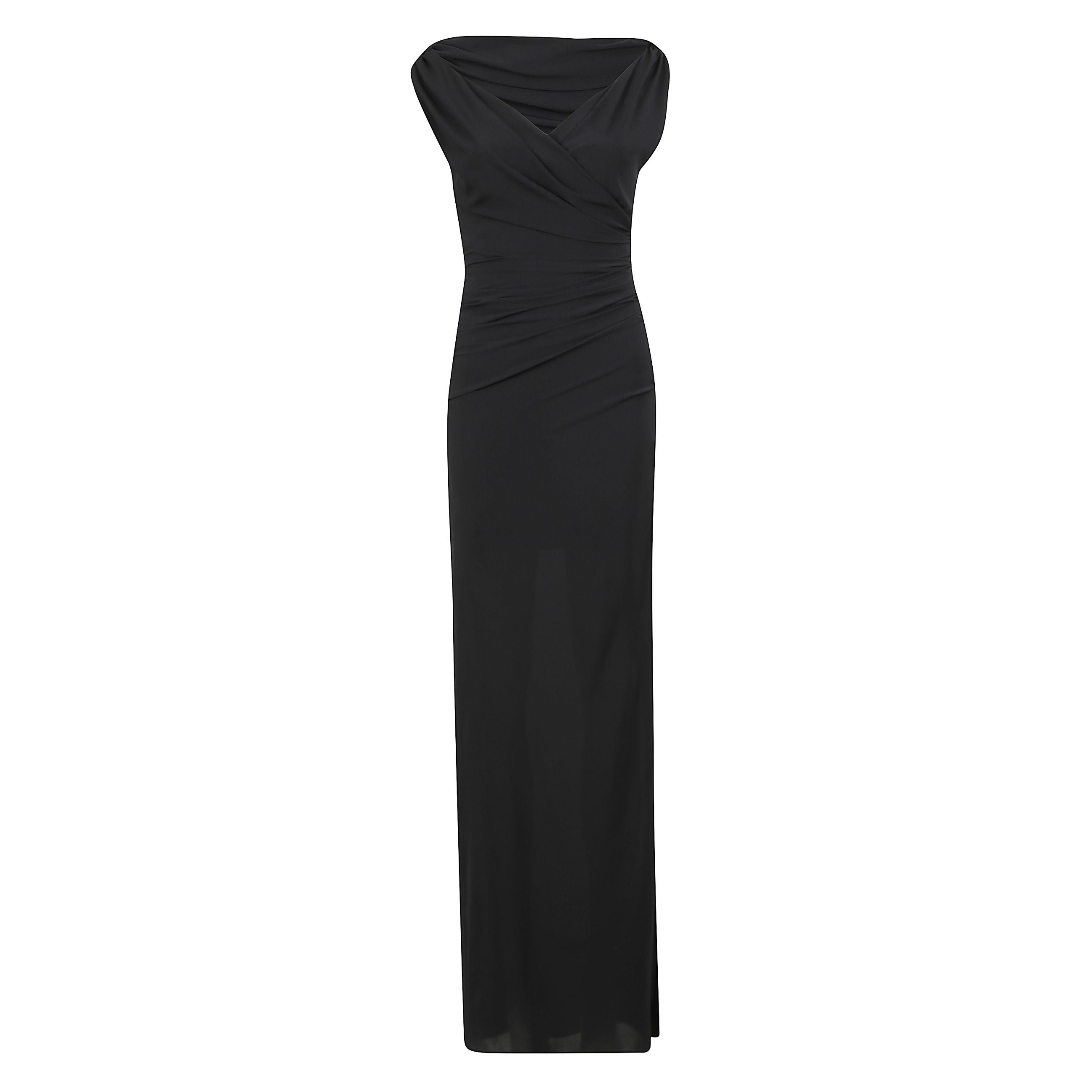 Abito lungo nero con silhouette drappeggiata, caratterizzato da scollatura con spalle scoperte, spacco laterale e bustier interno.