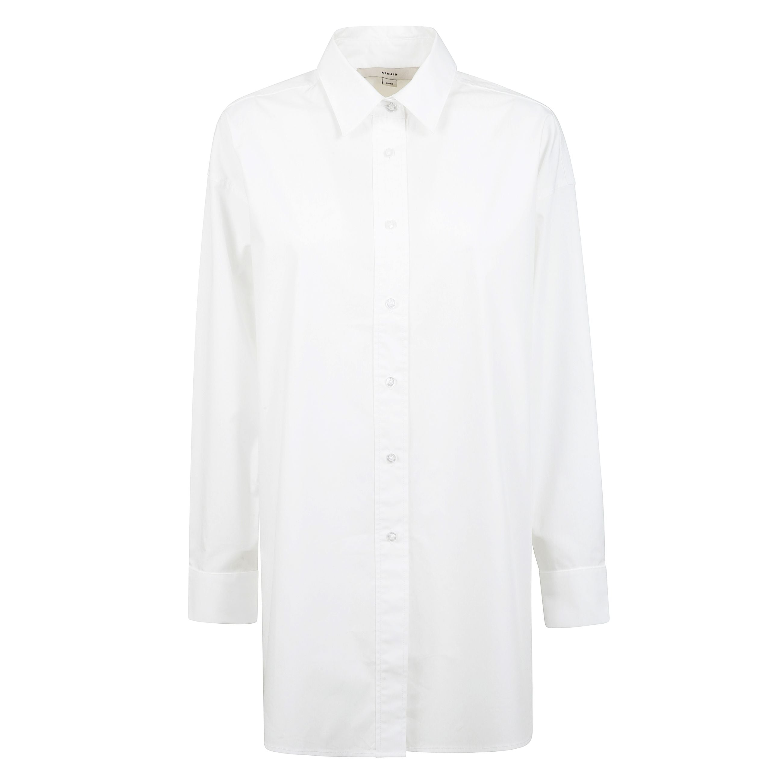 Camicia in popeline in cotone, chiusura frontale con abbottonatura e polsini con bottone, colletto a punta e dettaglio con pieghe a cannone