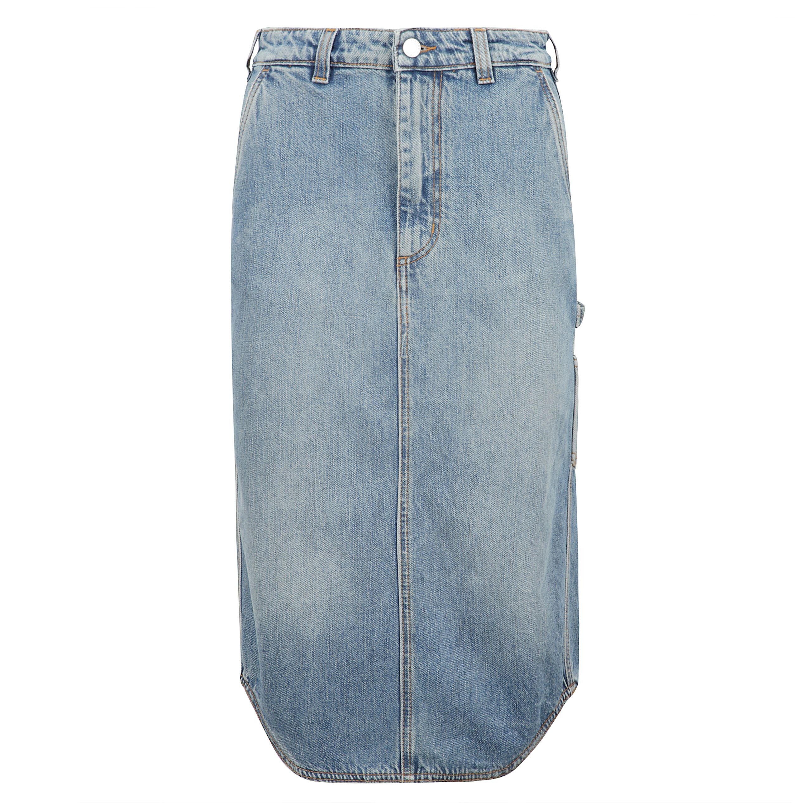 Gonna in denim, chiusura con zip e bottone, due tasche laterali e due tasche posteriori.