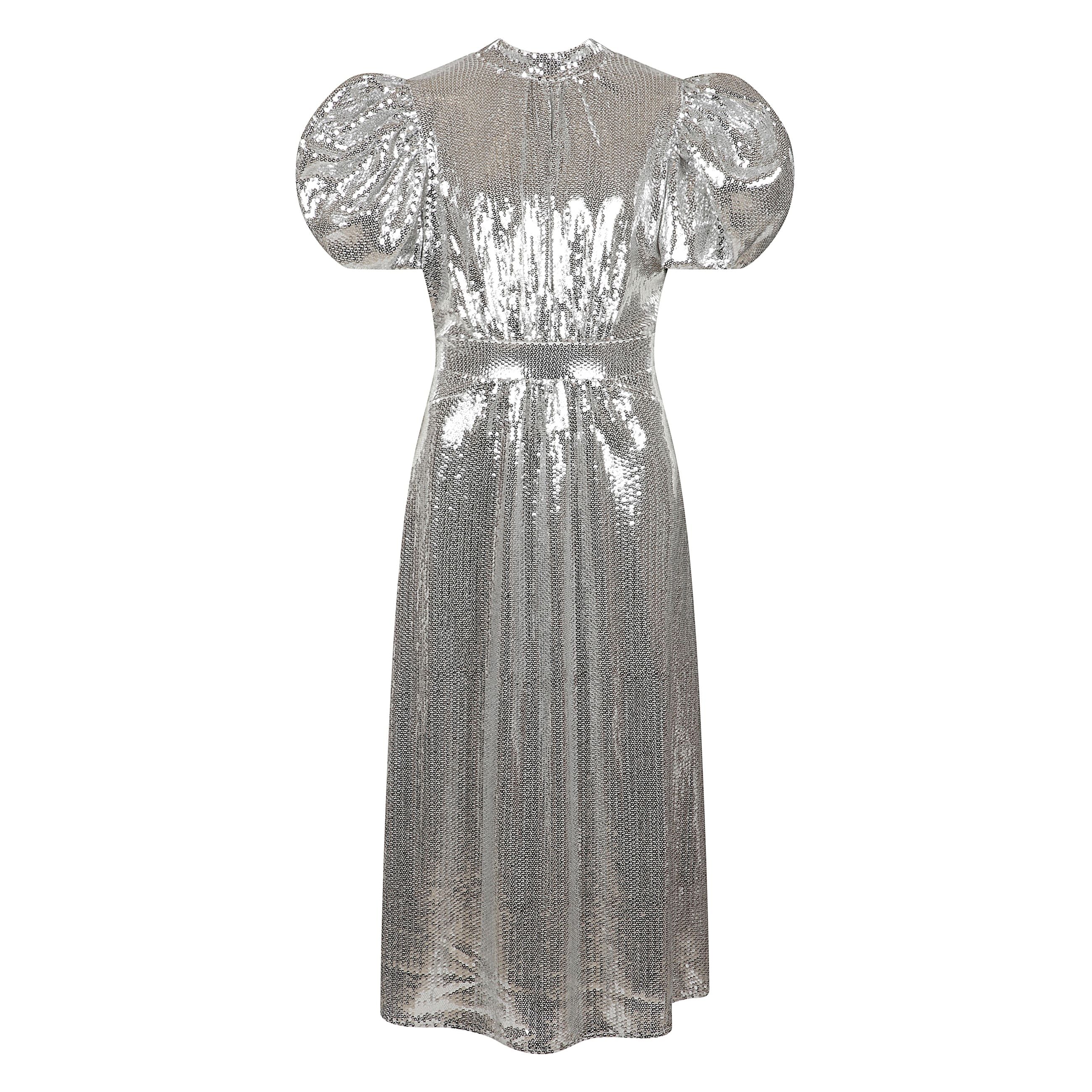 Abito grigio lungo con paillettes e maniche ampie corte a palloncino