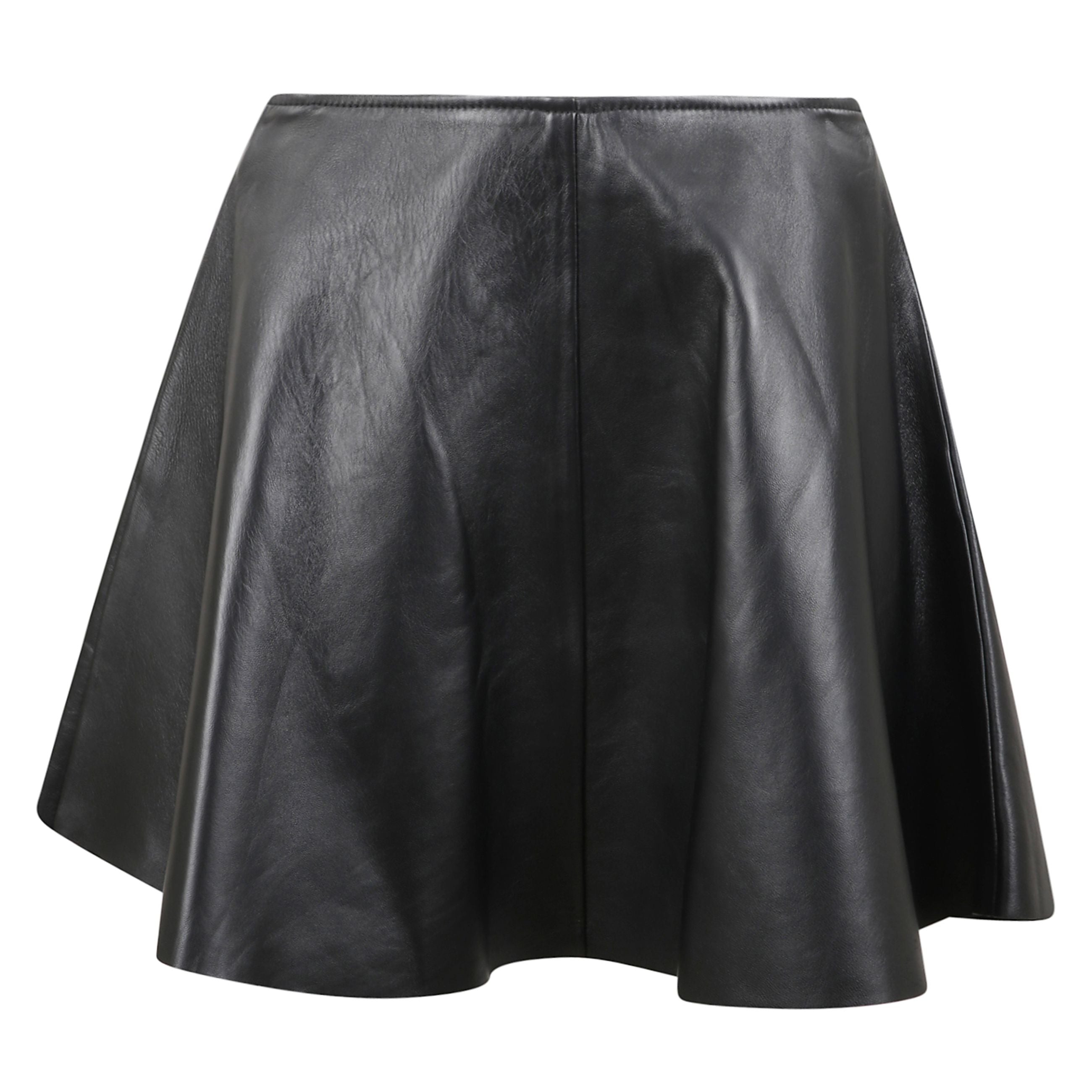 Minigonna in pelle. modello a trapezio con orlo svasato. chiusura con cerniera sul retro.