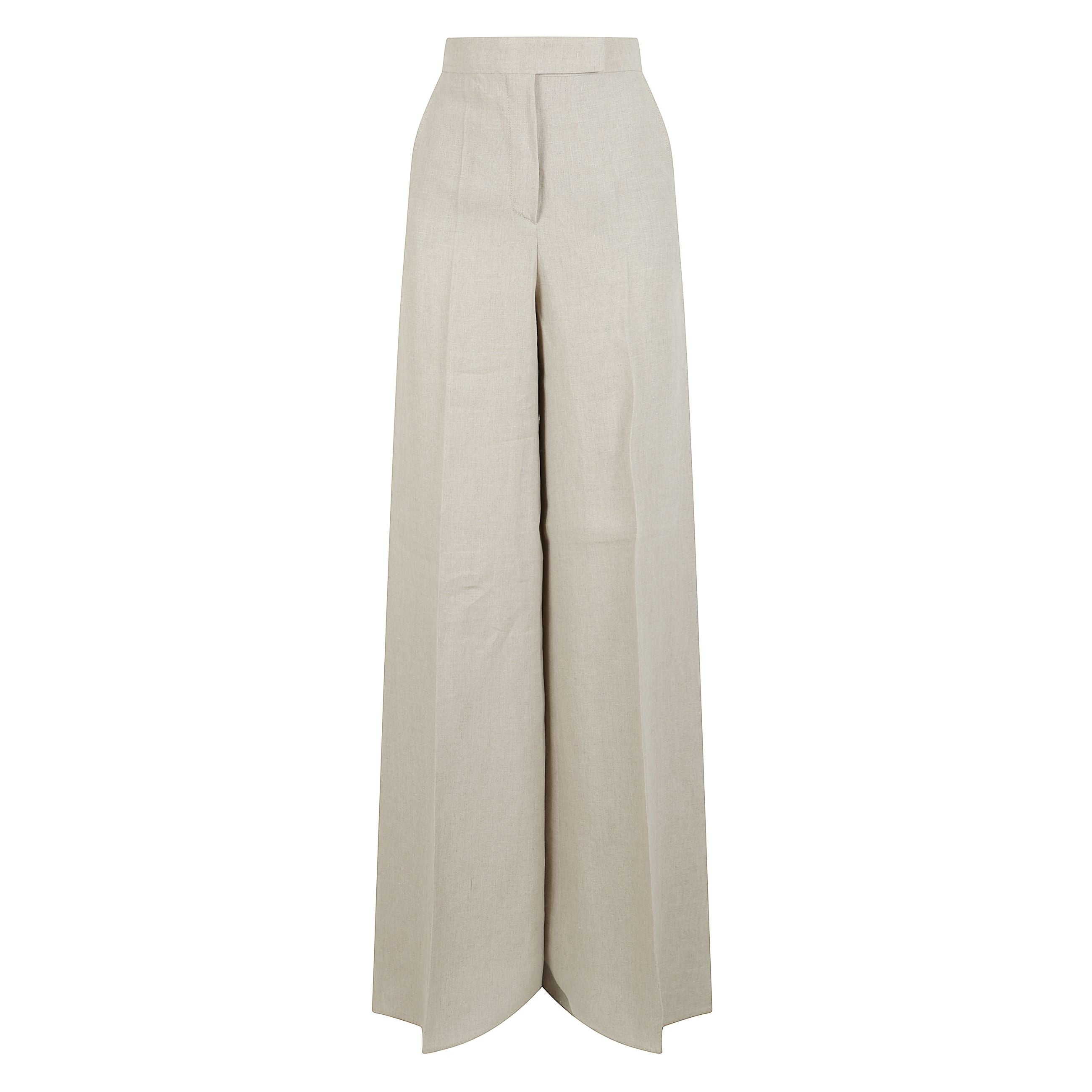 Pantalone in tela di puro lino, caratterizzato da una silhouette con gamba larga, vita leggermente alta e piega stirata. presenta tasche alla francese sui fianchi e tasche a filetto sul retro. chiusura con listino alto in vita, zip con patta e gancetto.