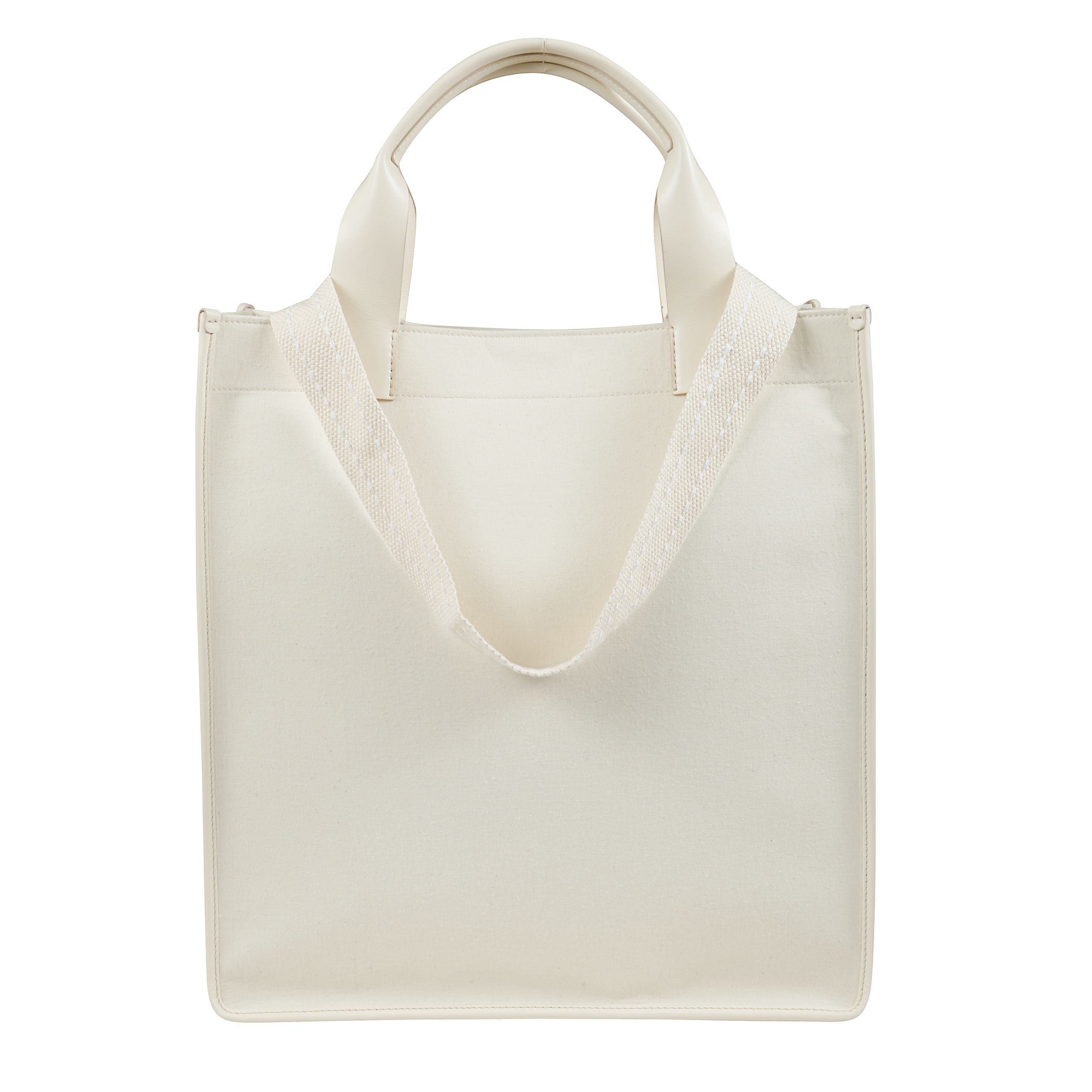 Borsa a spalla cabas vertical realizzata in cotone bianco, questa borsa presenta un design essenziale con chiusura a pressione, due manici tondi e doppia tracolla piatta per una portabilità versatile. il logo goffrato sul davanti e lâiconico motivo num