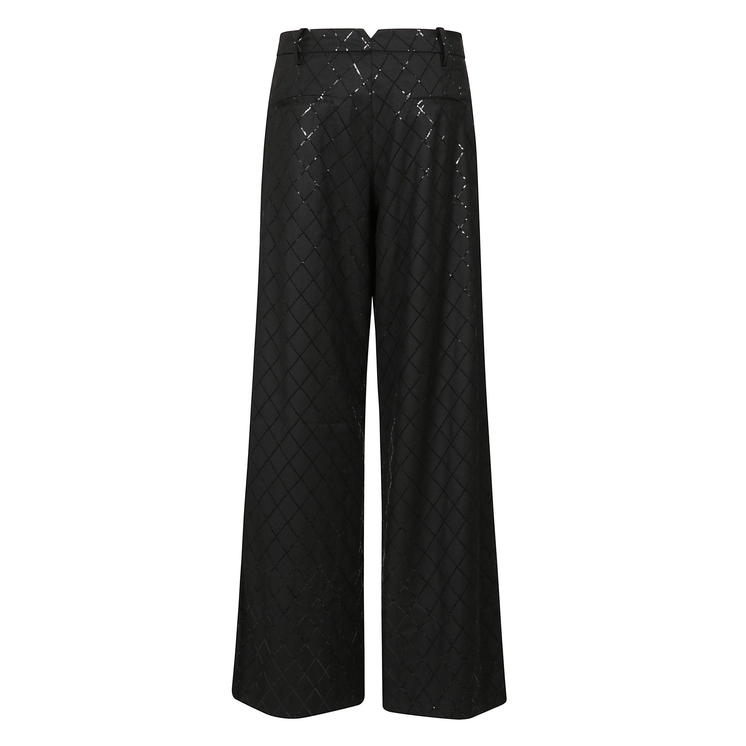 Pantaloni nero wide leg con decorazione paillettes e chiusura nascosta frontale a bottone