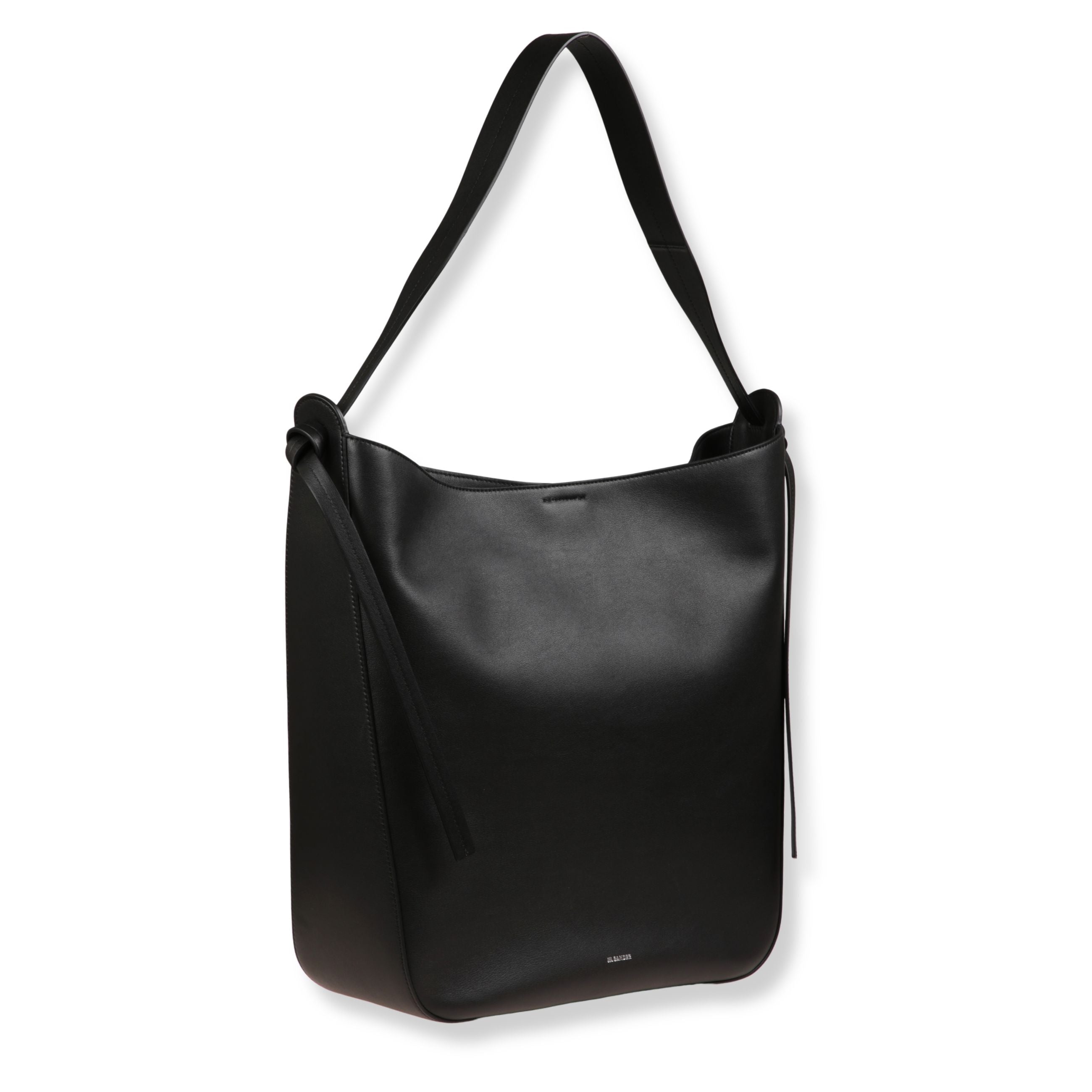 Borsa a spalla jil sander. design in pelle con manico singolo superiore. due lunghe nappe lisce ai lati decorative.