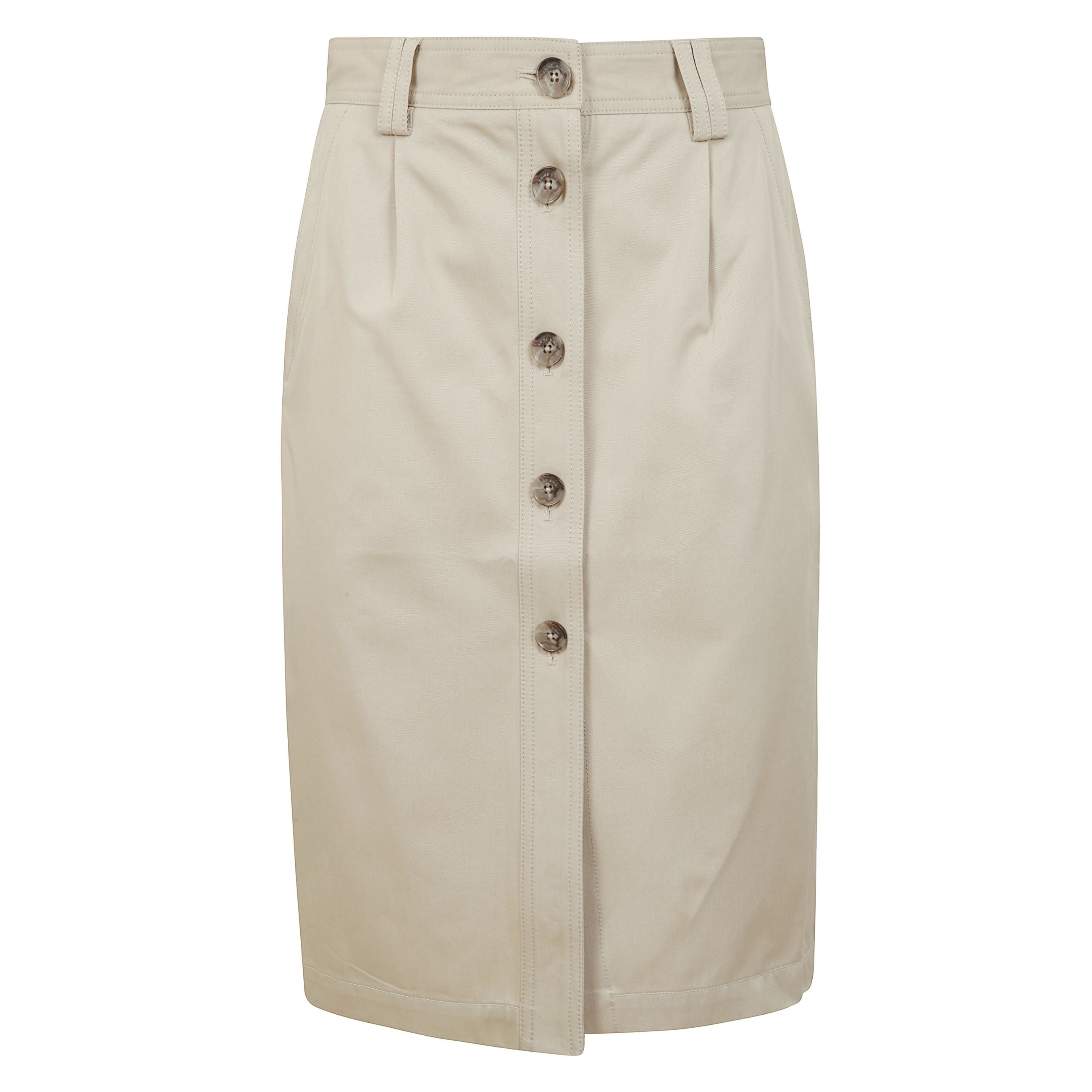 Gonna anine bing modello zaire in twill di cotone leggero color avena. presenta un orlo lungo al ginocchio, tasche laterali, due tasche applicate sul retro, passanti per cintura e bottoni a vista. modello a vita alta.