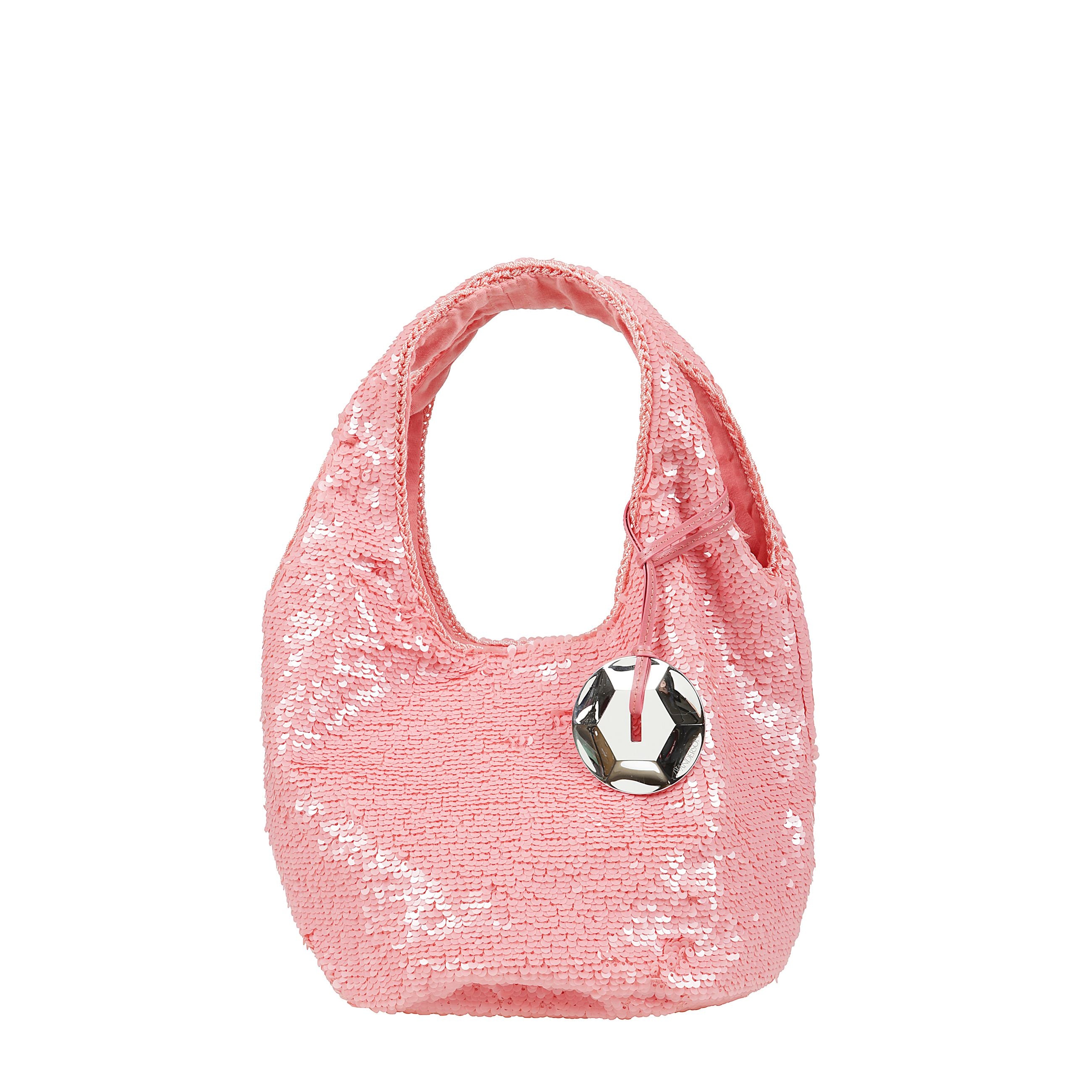 Shopper sequin mini realizzata con paillettes all-over, con scomparto unico, doppio manico e ciondolo metallico logato