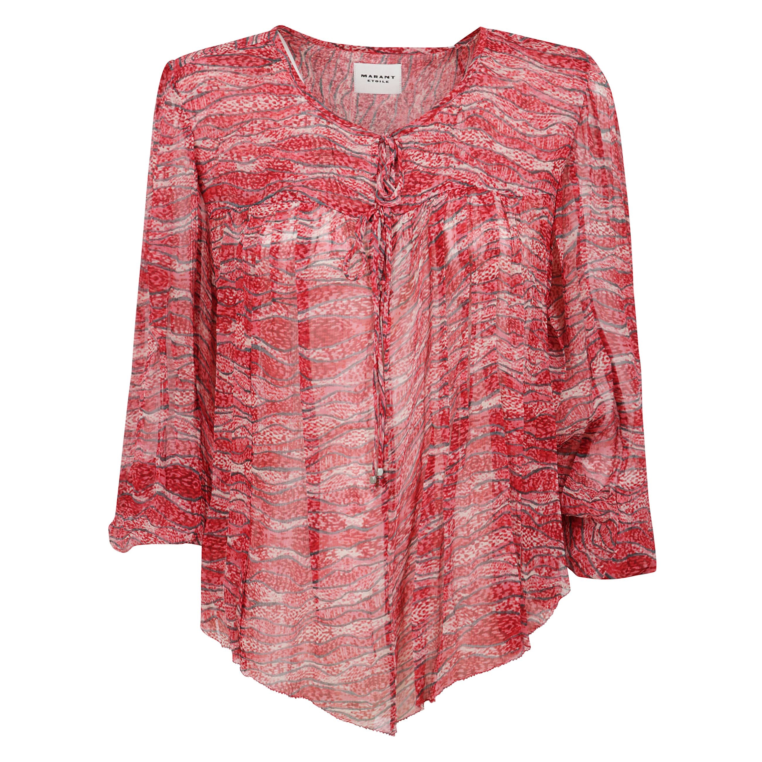 Top advika a fantasia astratta con scollo a v, chiusura frontale con lacci, maniche lunghe e orlo dritto