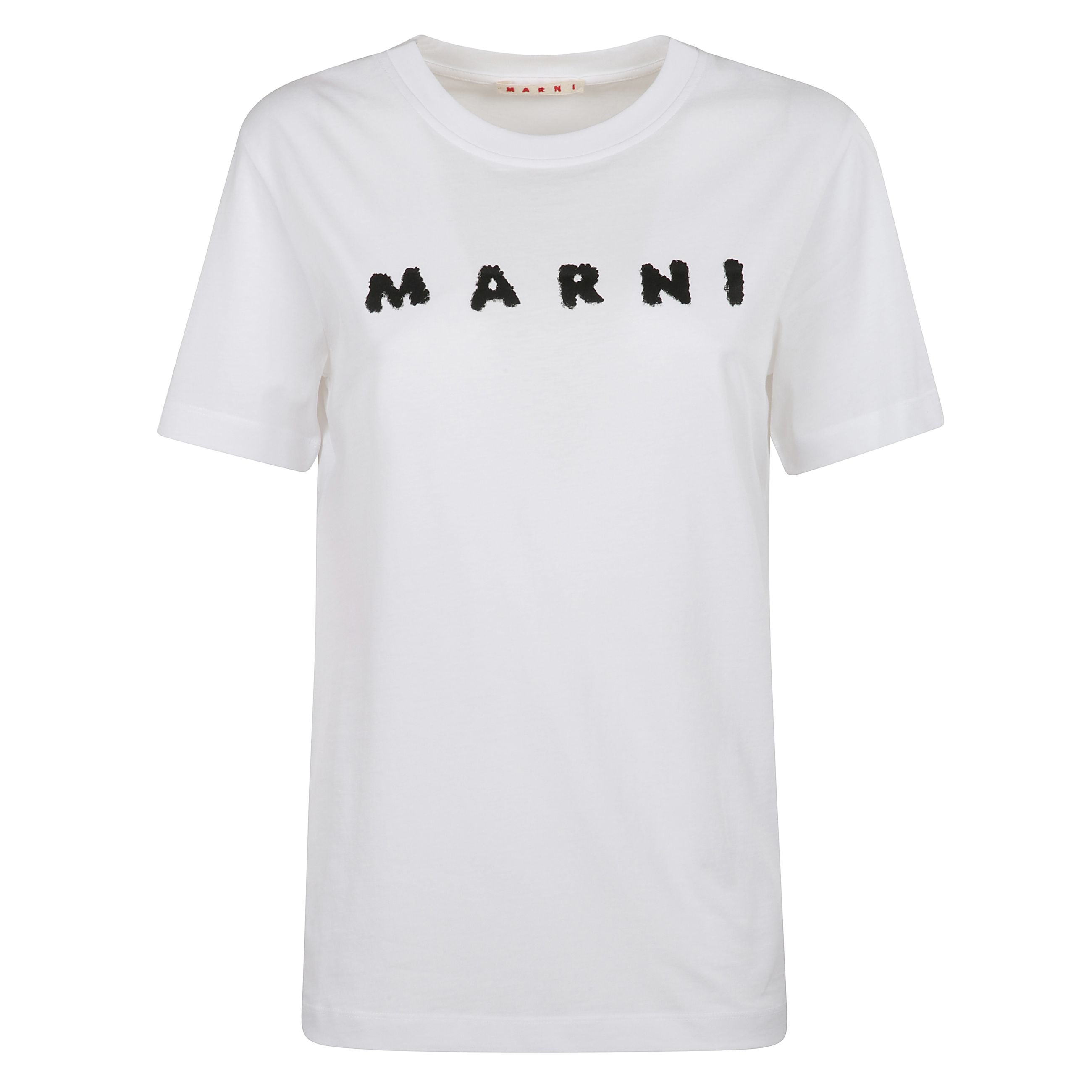 T-shirt girocollo bianca con stampa logo texture sul davanti in cotone a maniche corte