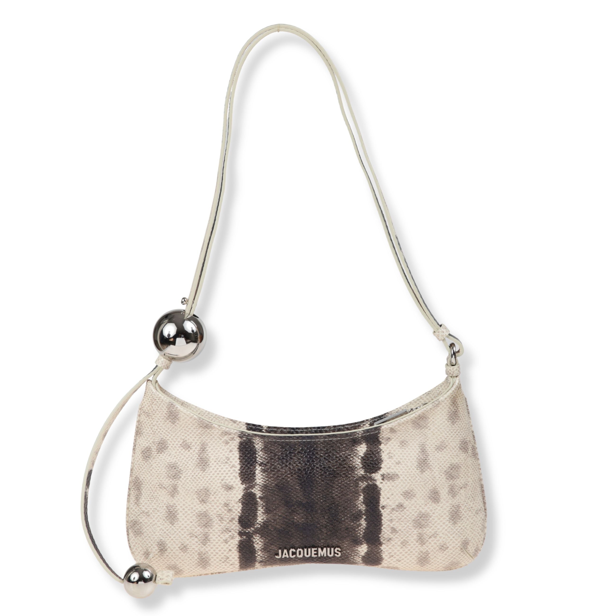 Le bisou perle jacquemus. design in pelle effetto serpente, con chiusura superiore a zip nascosta. tracolla sottile regolabile con due sfere metalliche decorative.