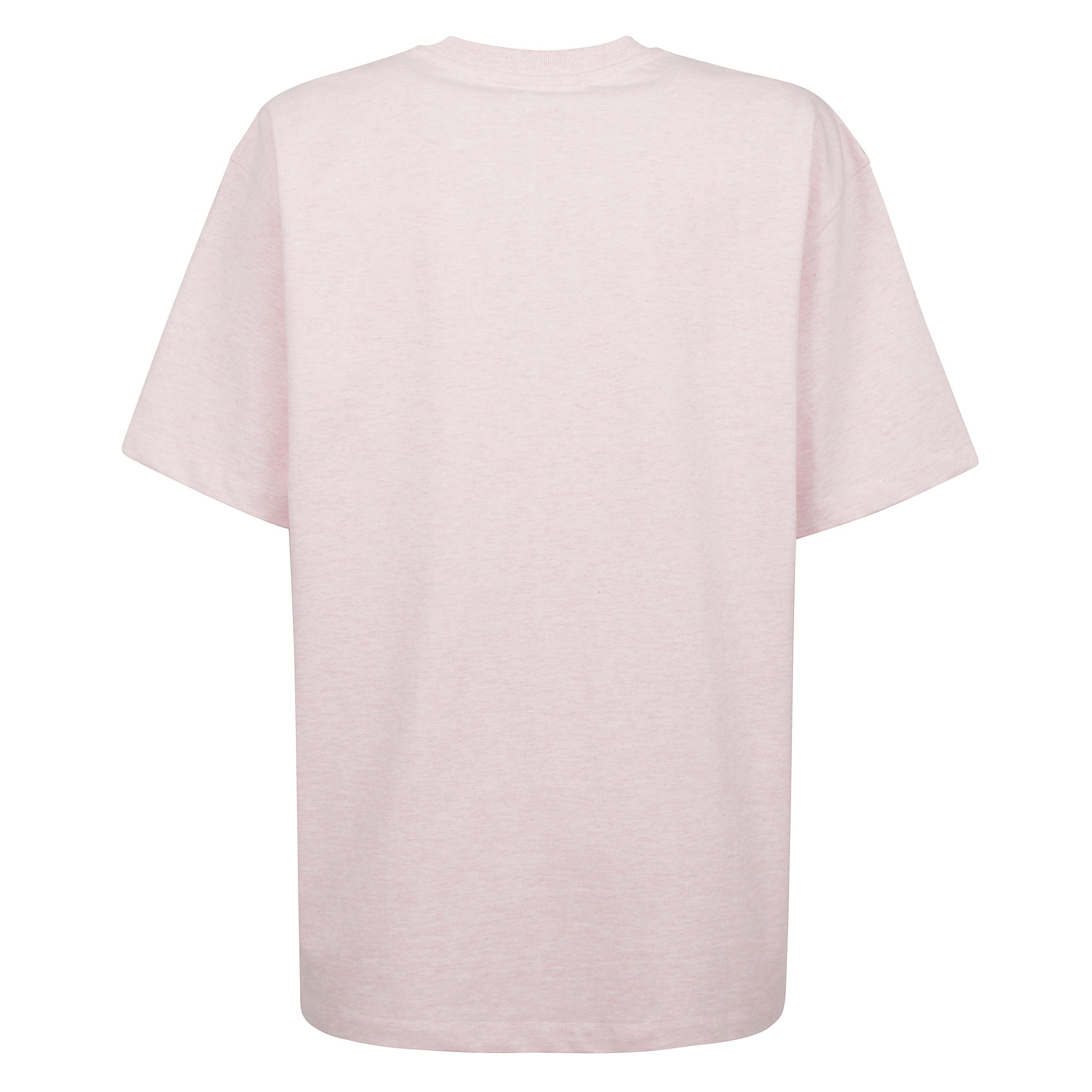 Questa maglietta rosa pesante in cotone con spalle a goccia presenta una scollatura rotonda, maniche corte, un cuore ricamato con il logo ganni e la frase 'buona giornata! si prega di riciclare.