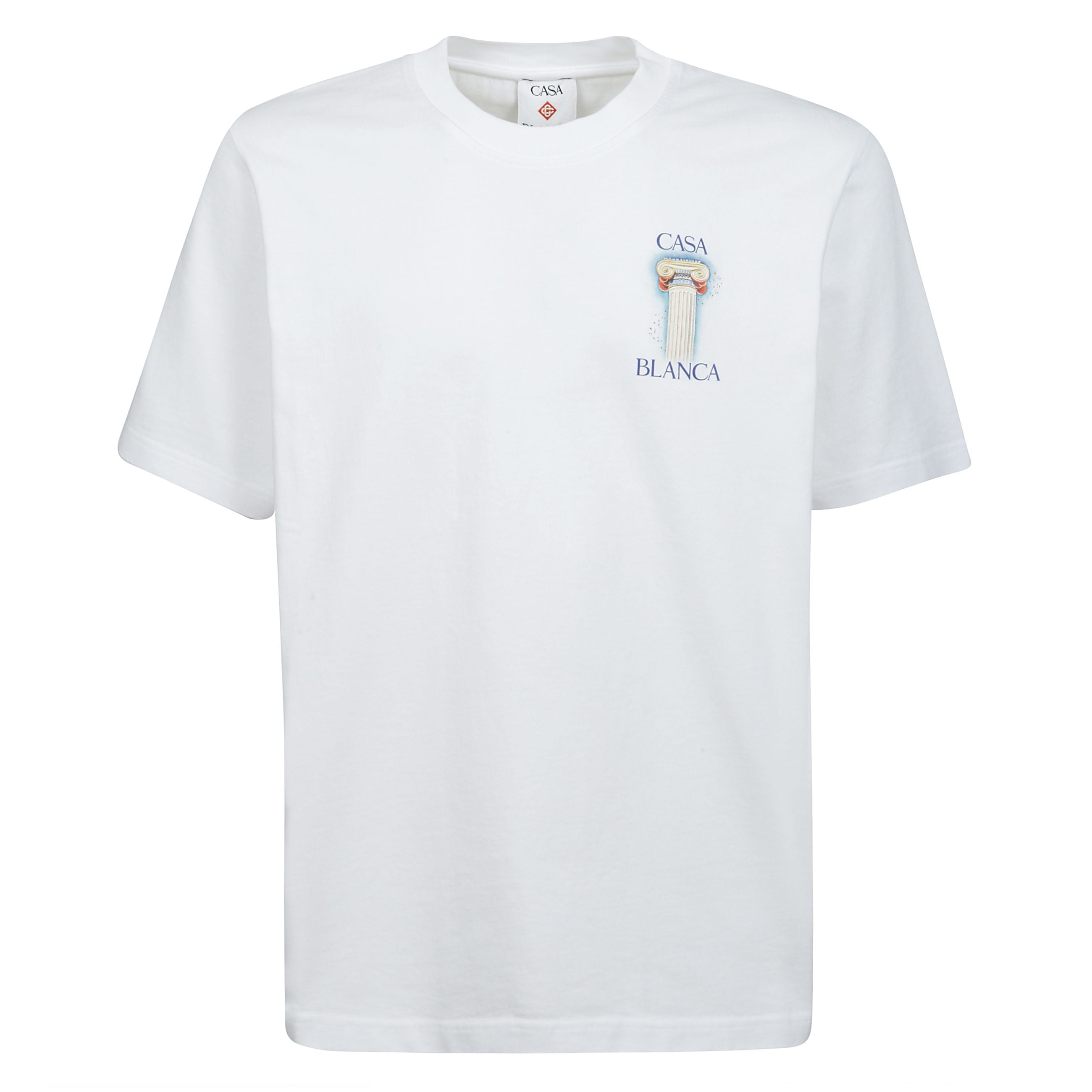 T-shirt di casablanca realizzata in jersey di cotone organico color bianco con stampa la colomne sul petto e sul retro. caratterizzata da scollatura a giro, maniche corte e fondo dritto.